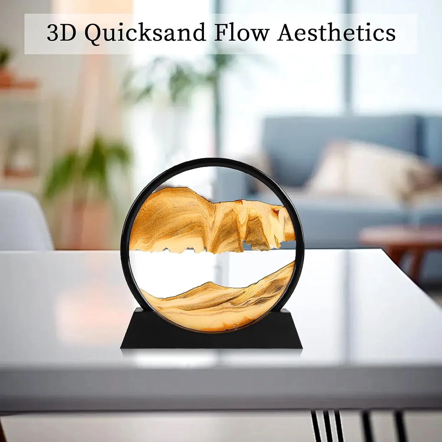 Moving Sand Art Picture, Liquid Motion 3D Deep Sea Sandscape in Motion, Dynamic Round Glass Sand Picture Relaxing Desktop Home Office Work Decor (Yellow, 12inch)