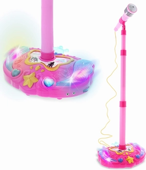 Mozlly Super Star Kids Karaoke Machine with Microphone Stand Playset - Pink Microphone with Stand with Built-in Jack and Speaker for MP3 Player, Singing Toys for Girls and Boys with Music and Light