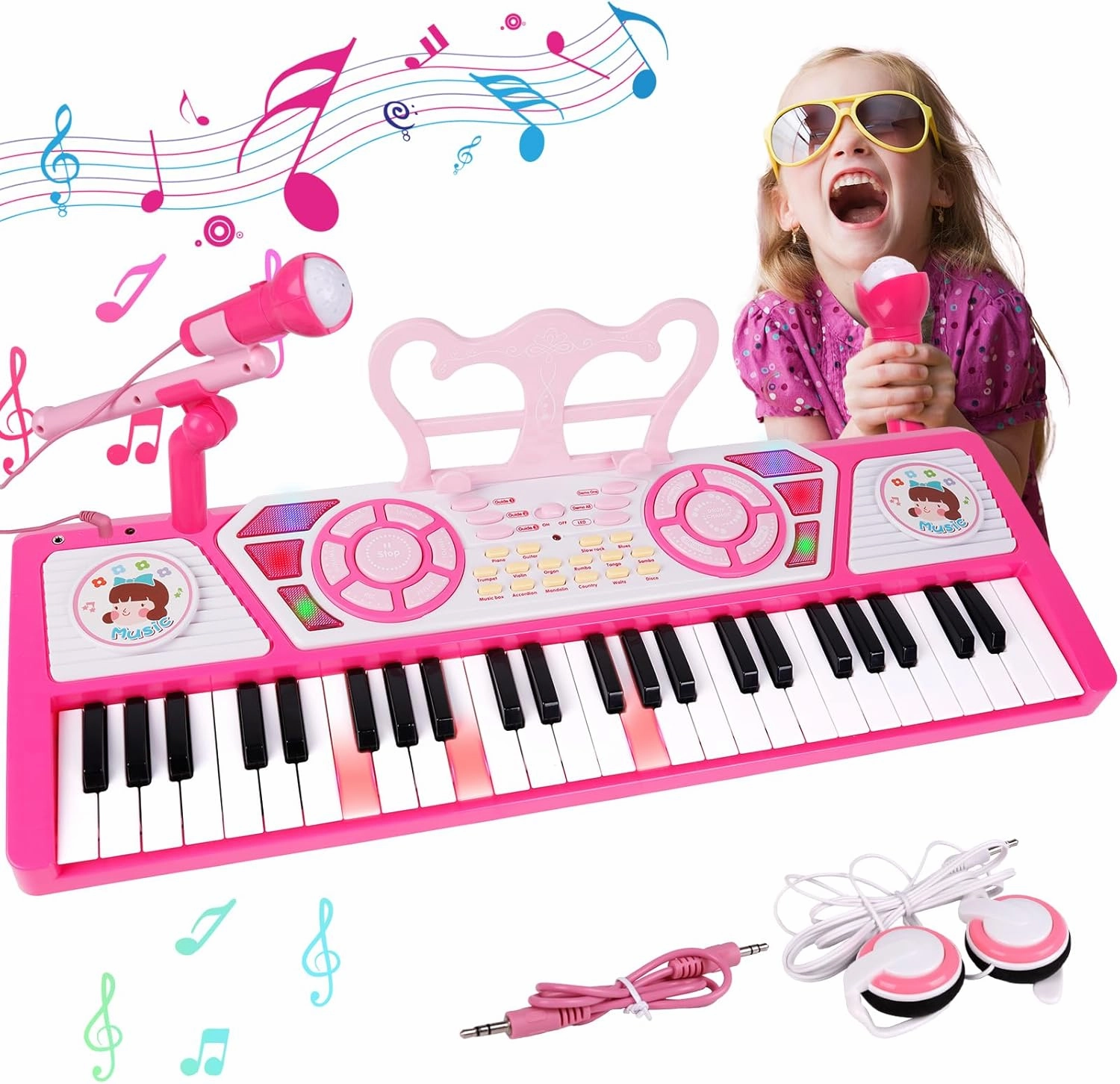 MSANMERSEN Kids 49 Key Electronic Piano, Toy Keyboard with Microphone & Headphone for Beginners, Multifunctional Musical Instrument Gift for Girls, Pink