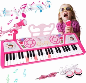 MSANMERSEN Kids 49 Key Electronic Piano, Toy Keyboard with Microphone & Headphone for Beginners, Multifunctional Musical Instrument Gift for Girls, Pink