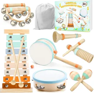 Musical Instruments-Toddler Musical Toys Wooden Montessori Musical Instruments for 1-3 Year Olds | Xylophone & Tambourine Percussion Set with Storage Bag for Kids Preschool Educational 3 