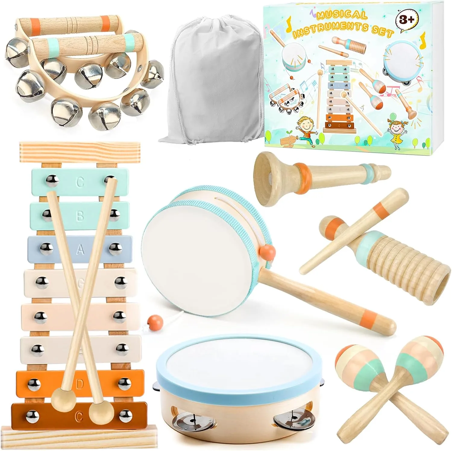 Musical Instruments-Toddler Musical Toys Wooden Montessori Musical Instruments for 1-3 Year Olds | Xylophone & Tambourine Percussion Set with Storage Bag for Kids Preschool Educational 3 