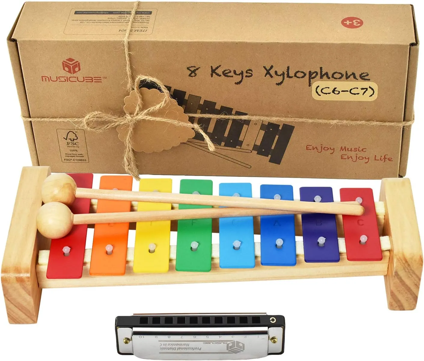 MUSICUBE Kids Xylophone Wooden Xylophone with Harmonica Kids Toy Gift Child-Safe Wooden Mallets Perfectly Tuned Instrument for Toddlers with Musical Cards and Harmonica