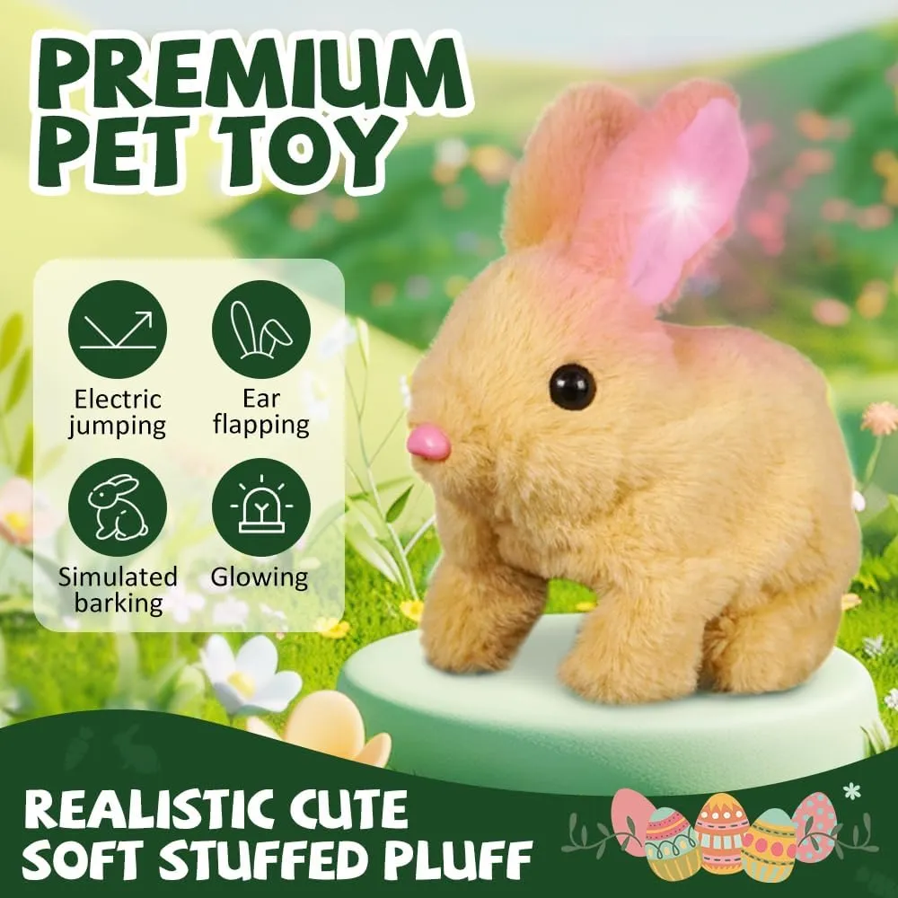 My Realistic Bunny Toy Easter Basket Stuffer, 2025 New Glowing Jumping Squeaky and Shaking Ears Easter Bunny, Handmade Hopping Easter Bunny Toy Stuffed Rabbit Toy for Kids (Pink, Glowing)