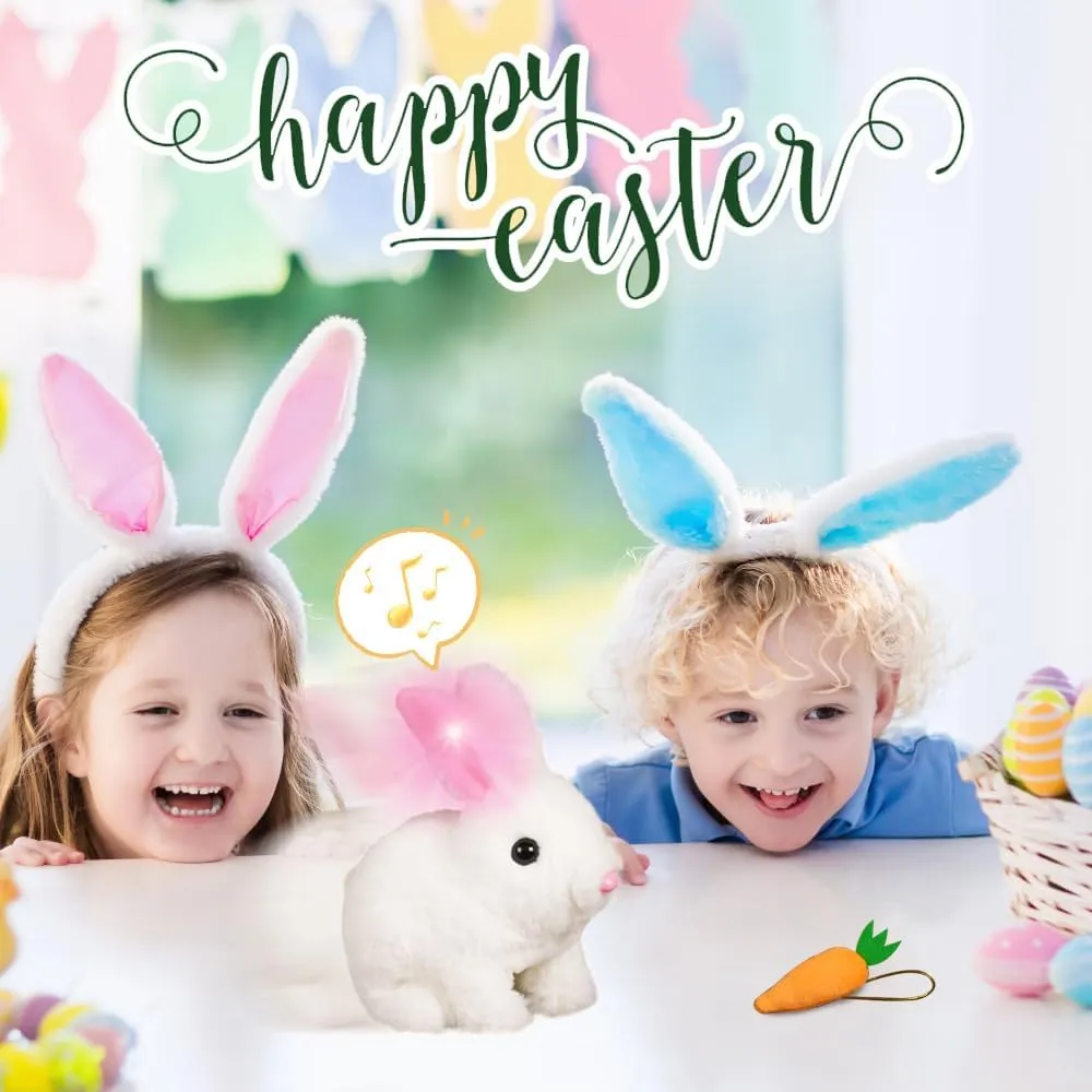 My Realistic Bunny Toy Easter Basket Stuffer, 2025 New Glowing Jumping Squeaky and Shaking Ears Easter Bunny, Handmade Hopping Easter Bunny Toy Stuffed Rabbit Toy for Kids (Pink, Glowing)