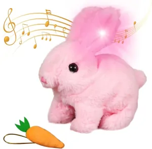 My Realistic Bunny Toy Easter Basket Stuffer, 2025 New Glowing Jumping Squeaky and Shaking Ears Easter Bunny, Handmade Hopping Easter Bunny Toy Stuffed Rabbit Toy for Kids (Pink, Glowing)