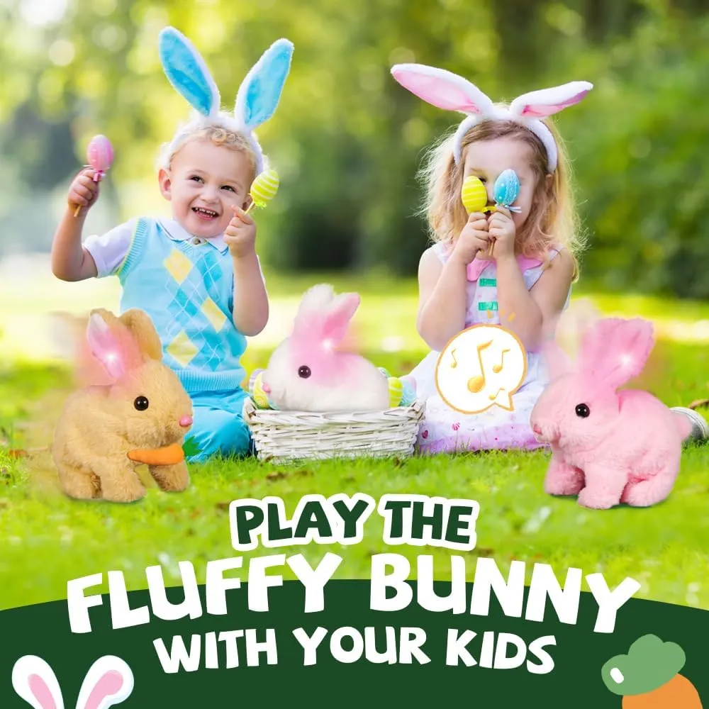 My Realistic Bunny Toy Easter Basket Stuffer, 2025 New Glowing Jumping Squeaky and Shaking Ears Easter Bunny, Handmade Hopping Easter Bunny Toy Stuffed Rabbit Toy for Kids (Pink, Glowing)