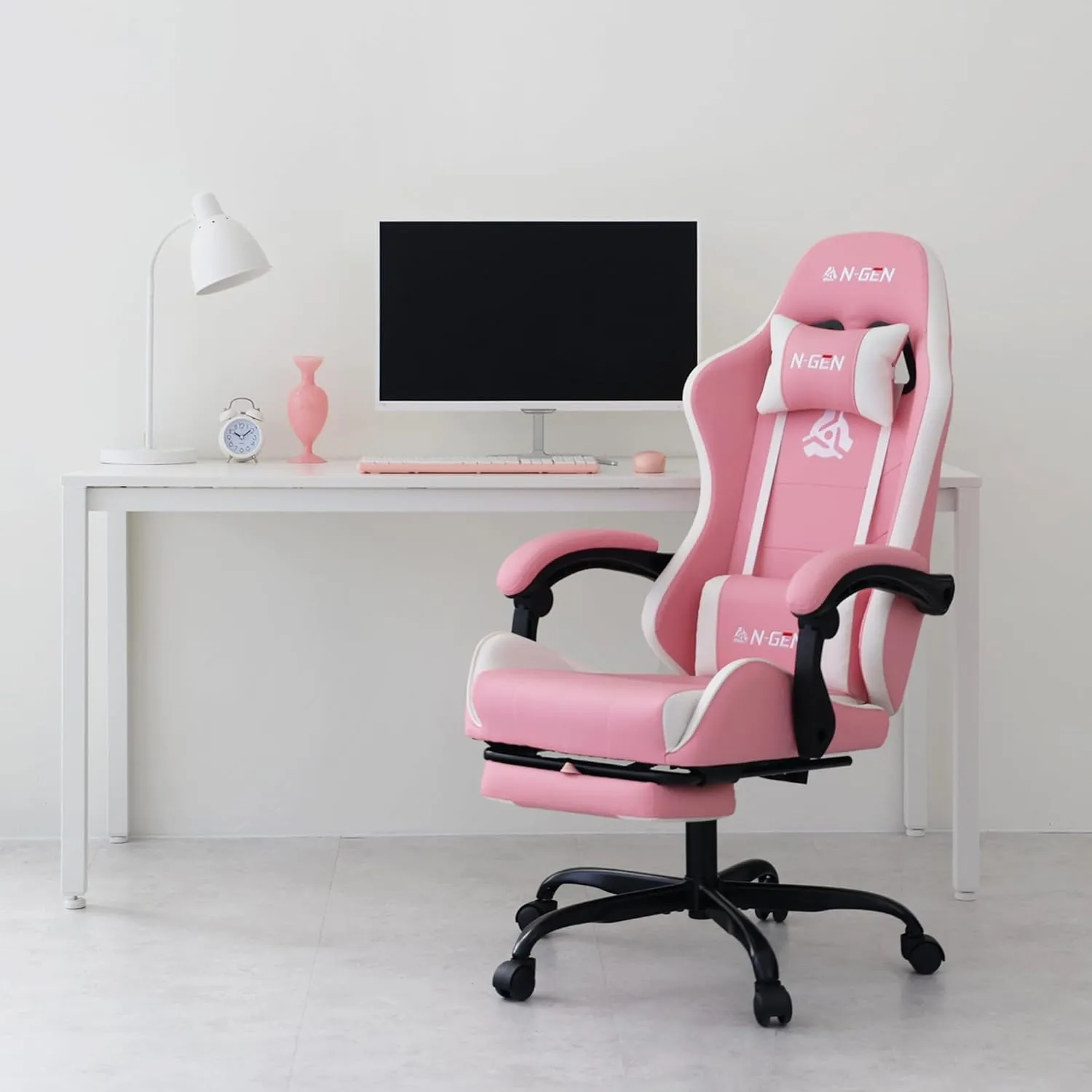 N-GEN Video Gaming Chair with Footrest High Back Ergonomic Comfortable Office Computer Desk with Lumbar Support Height Adjustable with PU Leather Recliner for Adults Women Men (Pink)