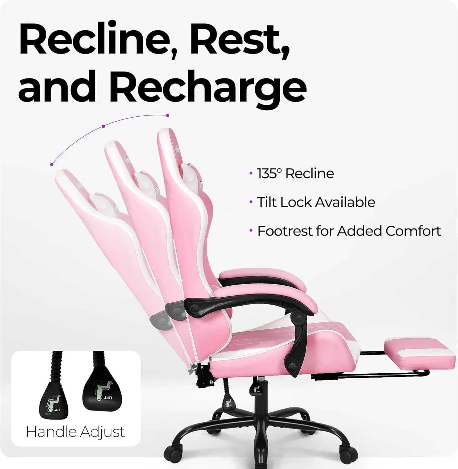 N-GEN Video Gaming Chair with Footrest High Back Ergonomic Comfortable Office Computer Desk with Lumbar Support Height Adjustable with PU Leather Recliner for Adults Women Men (Pink)