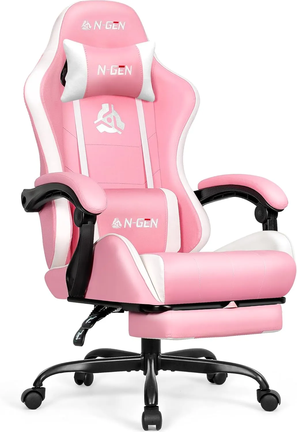 N-GEN Video Gaming Chair with Footrest High Back Ergonomic Comfortable Office Computer Desk with Lumbar Support Height Adjustable with PU Leather Recliner for Adults Women Men (Pink)