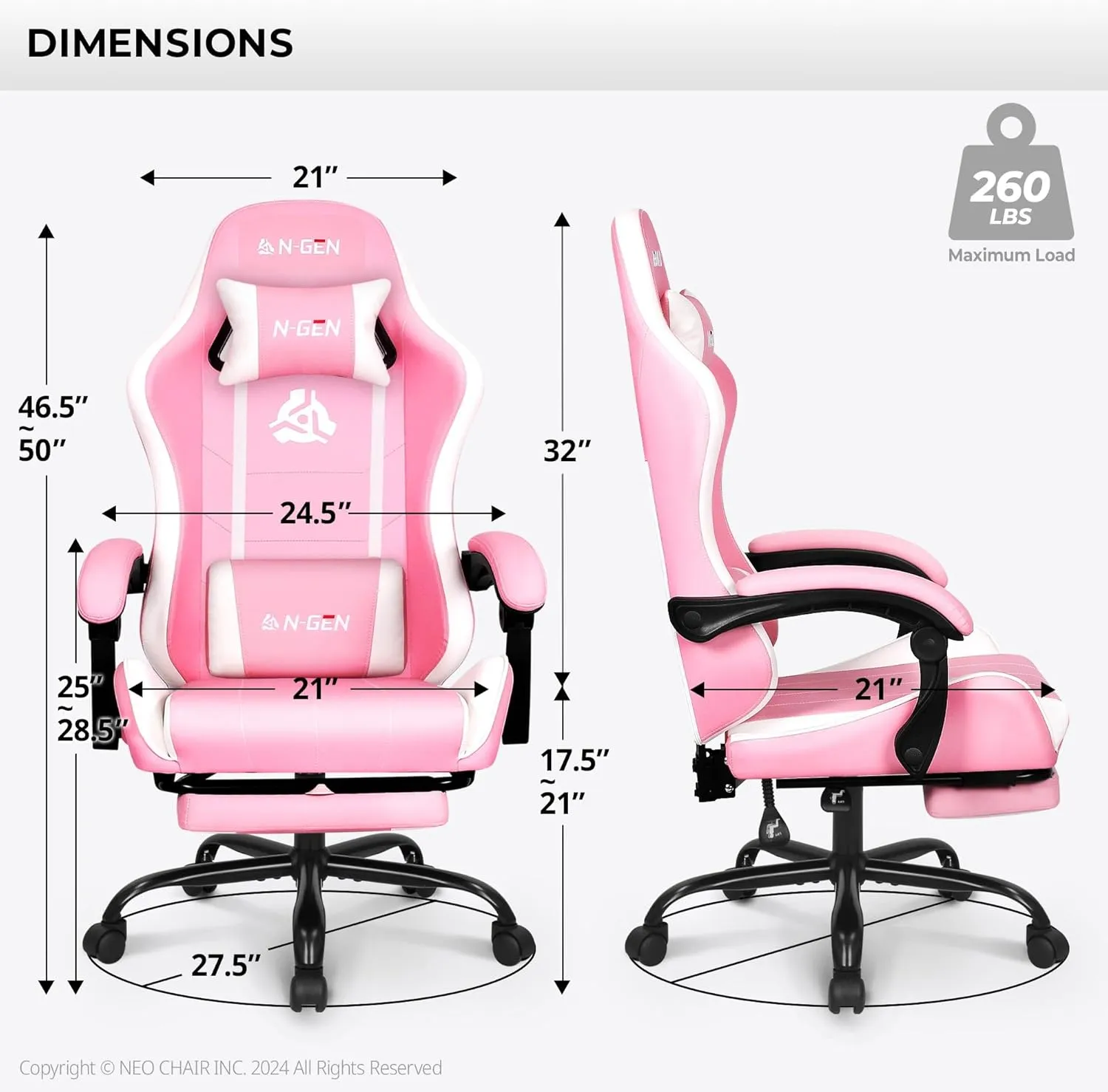 N-GEN Video Gaming Chair with Footrest High Back Ergonomic Comfortable Office Computer Desk with Lumbar Support Height Adjustable with PU Leather Recliner for Adults Women Men (Pink)