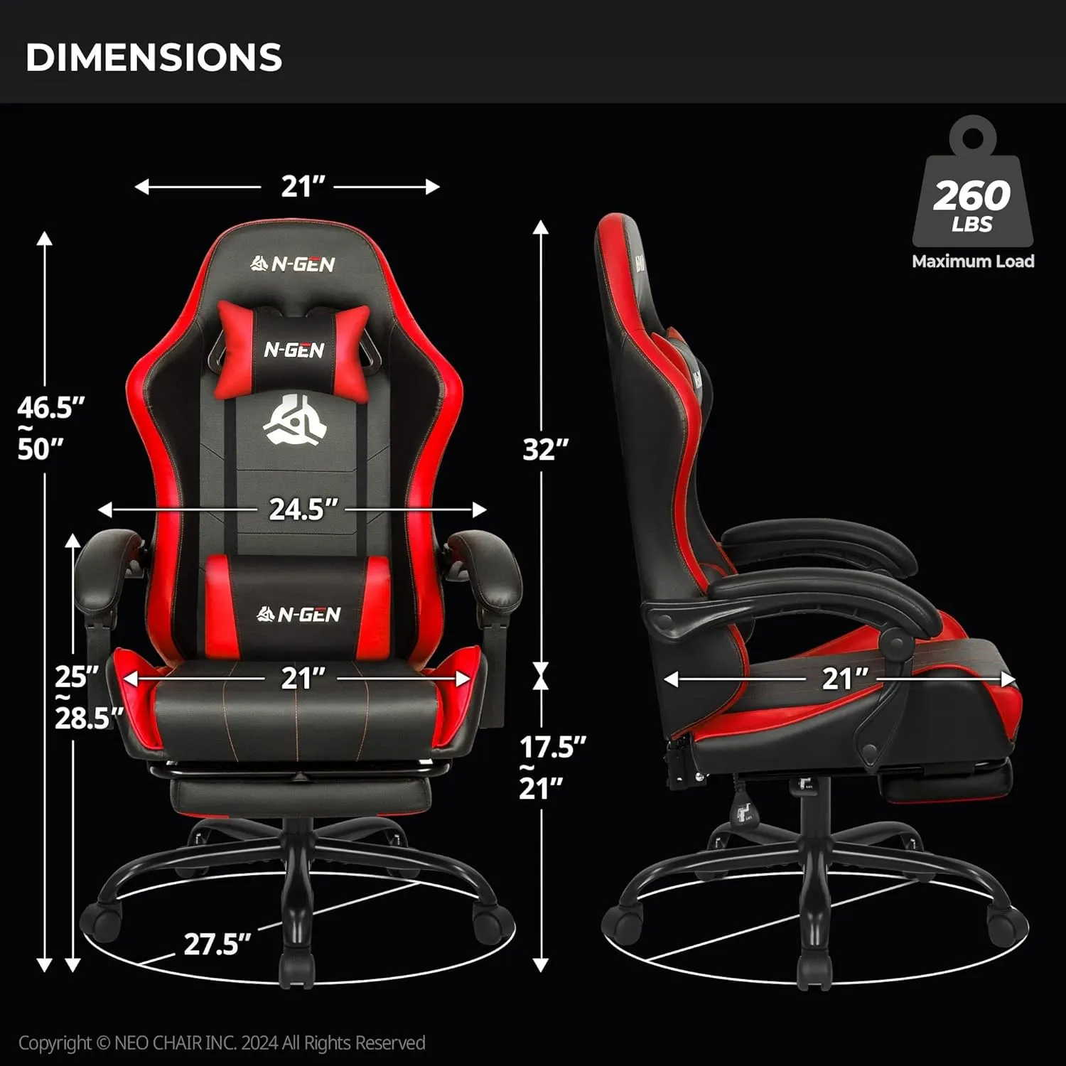N-GEN Video Gaming Chair with Footrest High Back Ergonomic Comfortable Office Computer Desk with Lumbar Support Height Adjustable with PU Leather Recliner for Adults Women Men (Red)