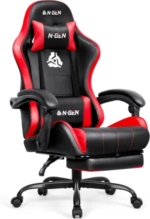 N-GEN Video Gaming Chair with Footrest High Back Ergonomic Comfortable Office Computer Desk with Lumbar Support Height Adjustable with PU Leather Recliner for Adults Women Men (Red)