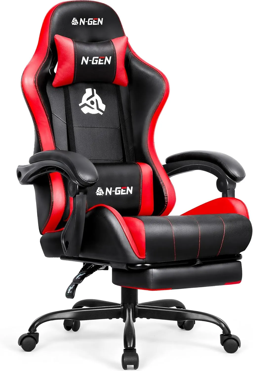 N-GEN Video Gaming Chair with Footrest High Back Ergonomic Comfortable Office Computer Desk with Lumbar Support Height Adjustable with PU Leather Recliner for Adults Women Men (Red)