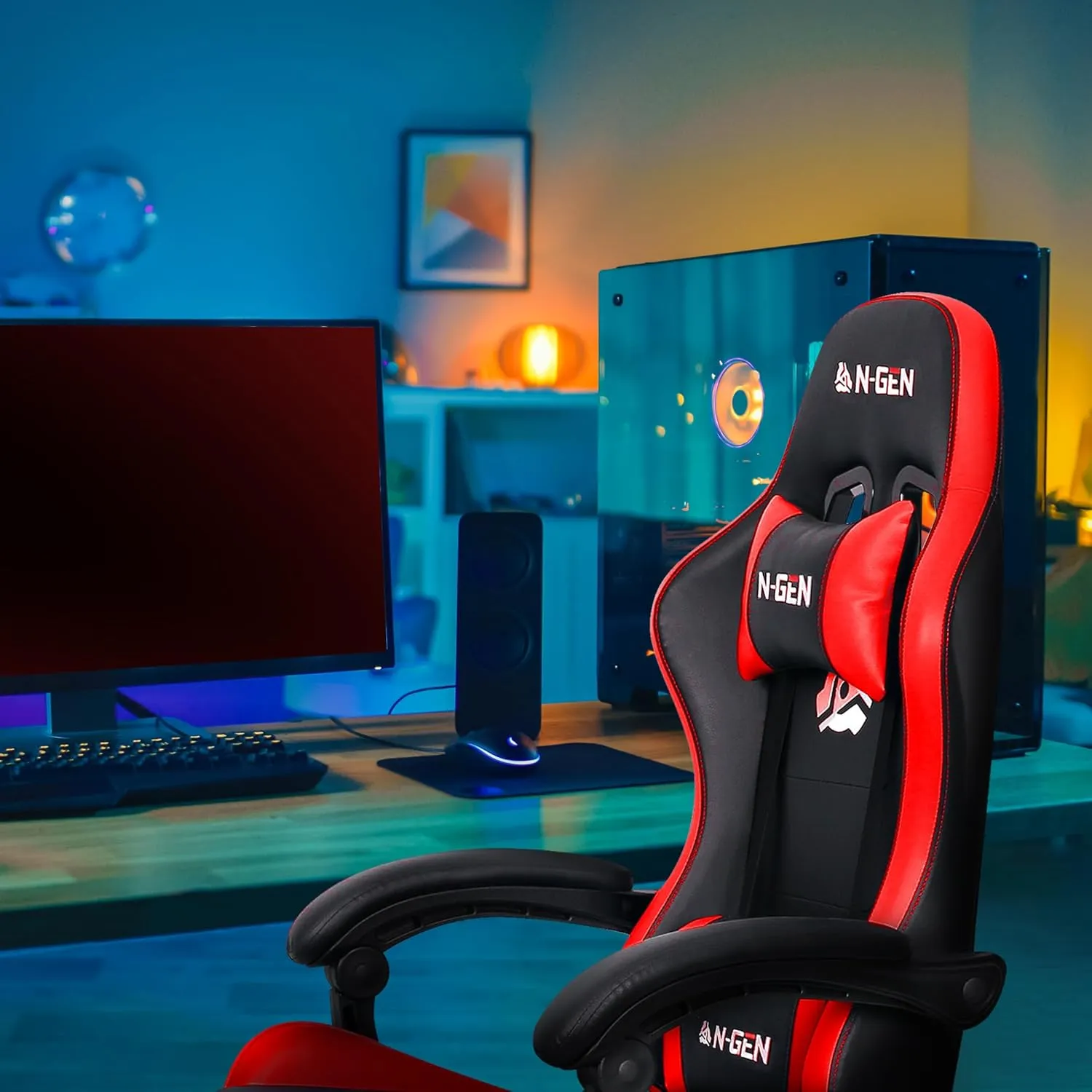 N-GEN Video Gaming Chair with Footrest High Back Ergonomic Comfortable Office Computer Desk with Lumbar Support Height Adjustable with PU Leather Recliner for Adults Women Men (Red)