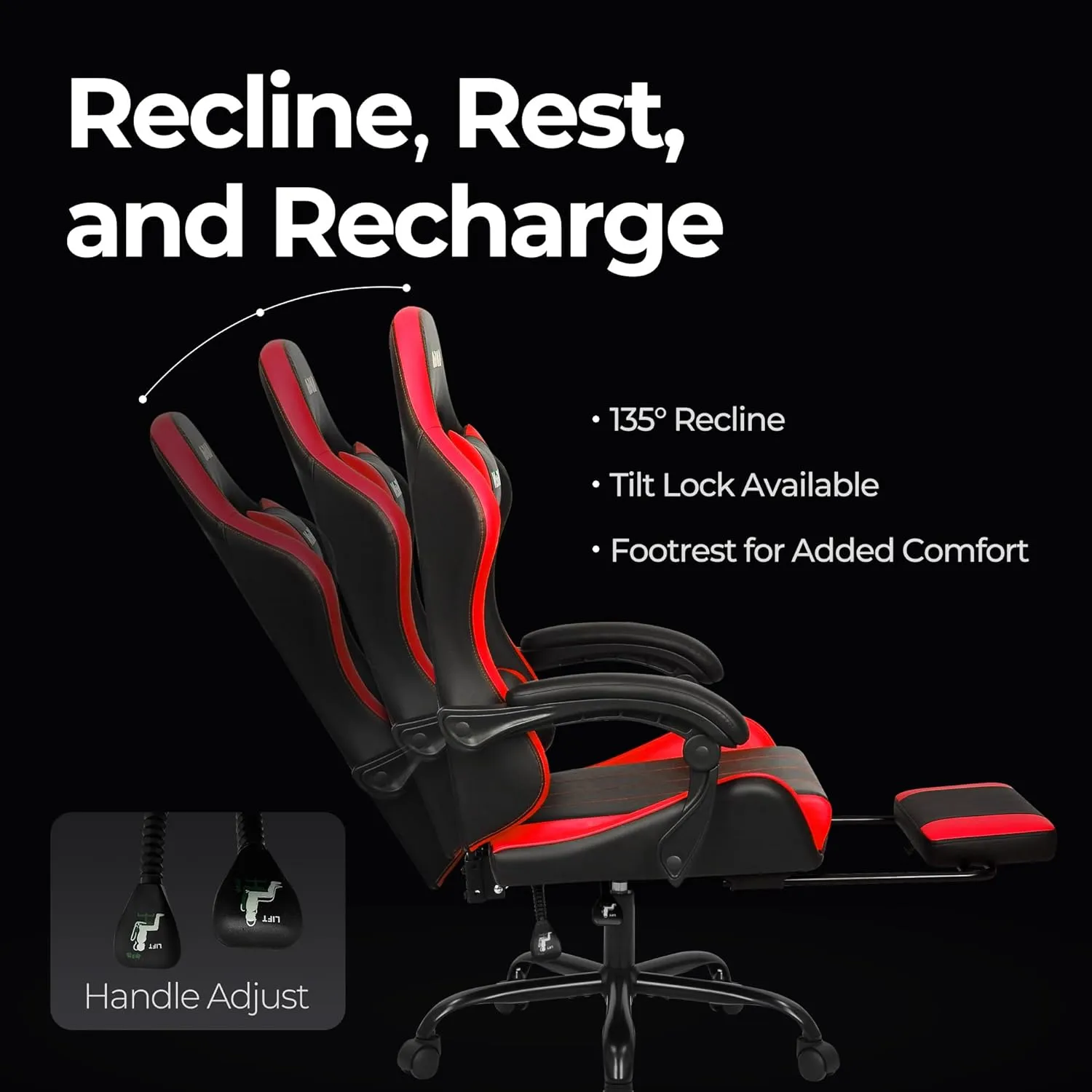 N-GEN Video Gaming Chair with Footrest High Back Ergonomic Comfortable Office Computer Desk with Lumbar Support Height Adjustable with PU Leather Recliner for Adults Women Men (Red)
