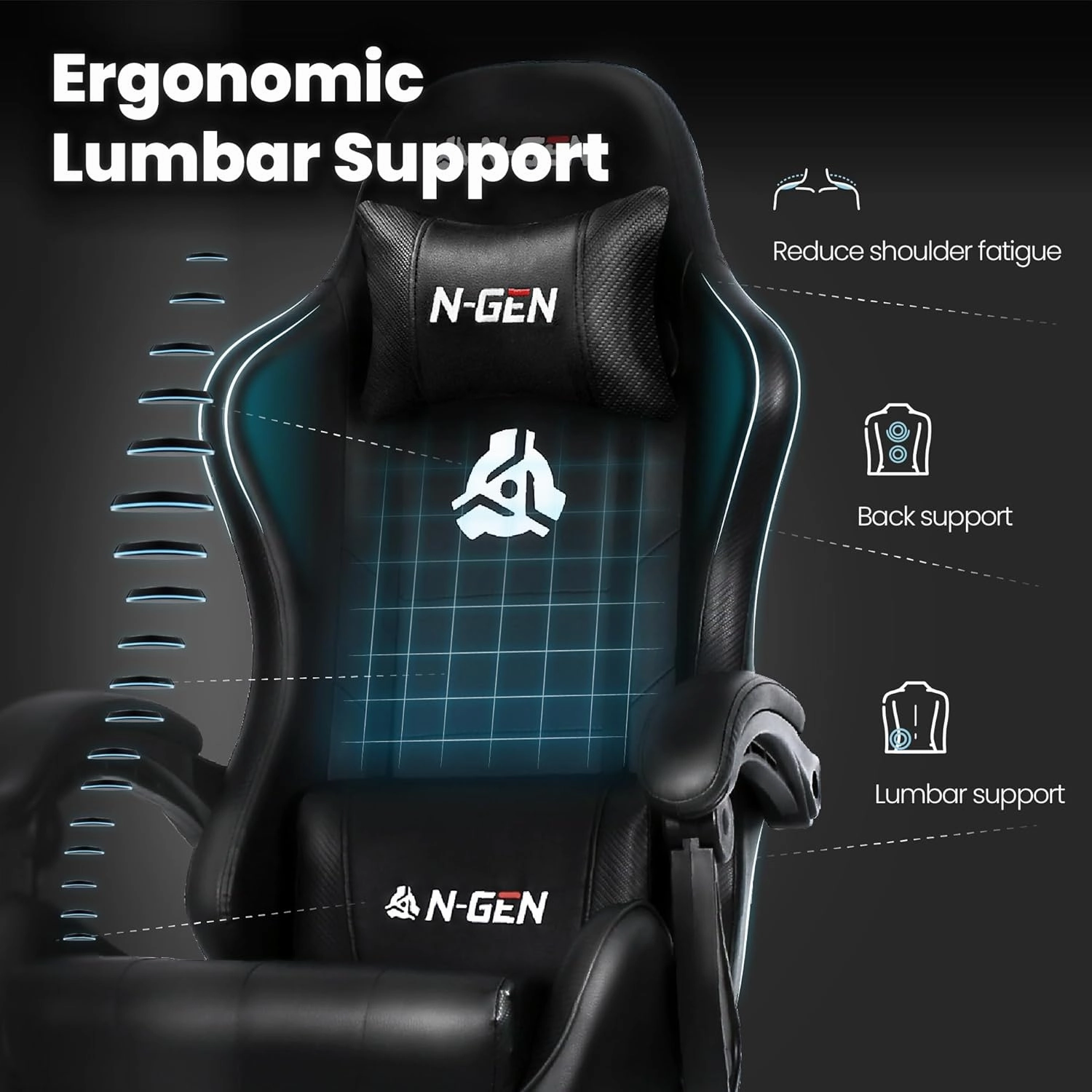 N-GEN GAMING Video Gaming Chair with Footrest High Back Ergonomic Comfortable Office Computer Desk with Lumbar Support Height Adjustable with PU Leather Recliner for Adults Women Men (Black)