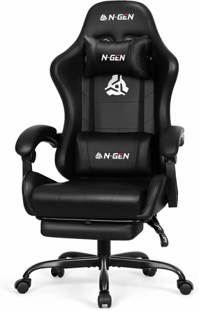 N-GEN GAMING Video Gaming Chair with Footrest High Back Ergonomic Comfortable Office Computer Desk with Lumbar Support Height Adjustable with PU Leather Recliner for Adults Women Men (Black)