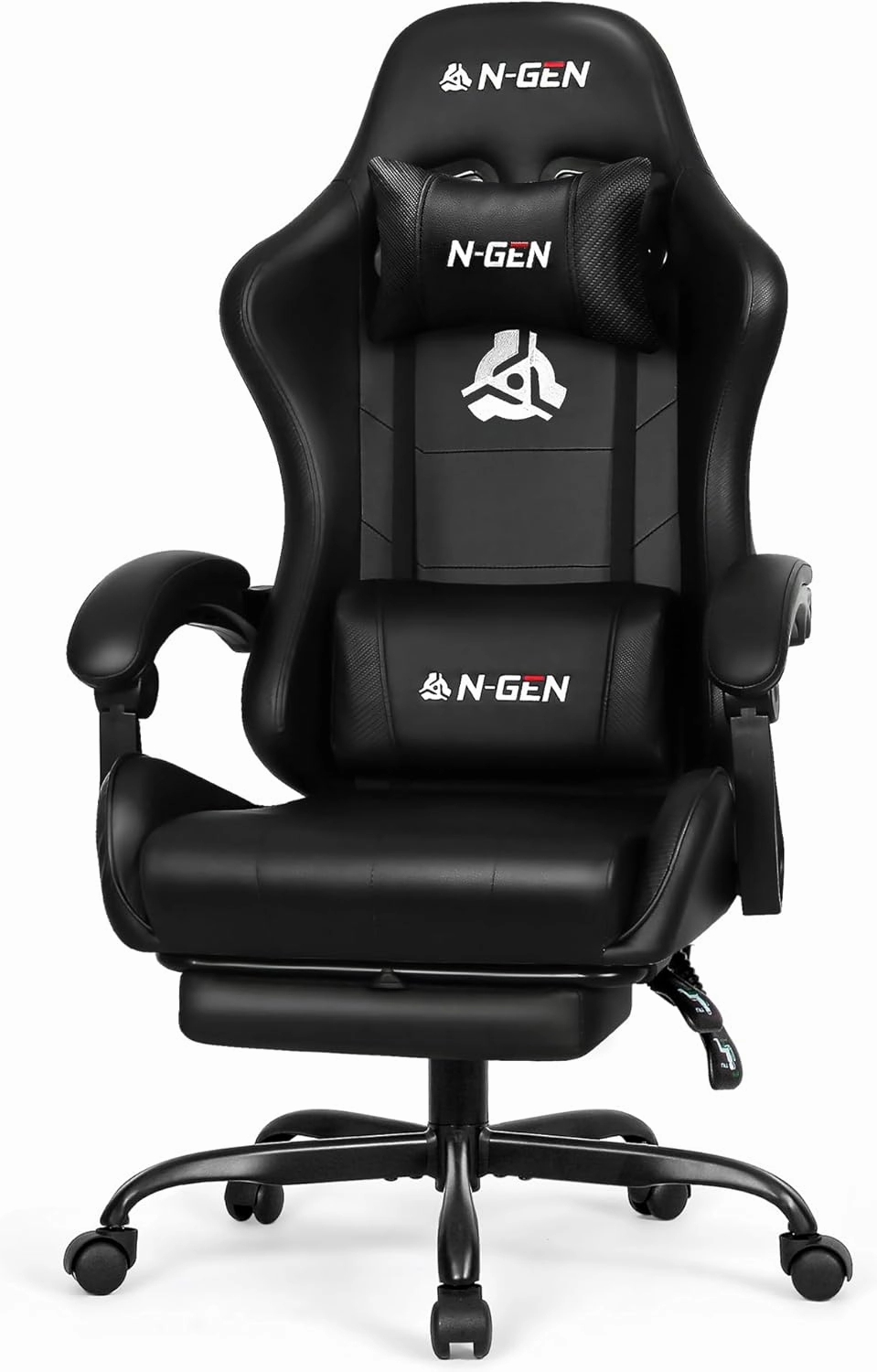 N-GEN GAMING Video Gaming Chair with Footrest High Back Ergonomic Comfortable Office Computer Desk with Lumbar Support Height Adjustable with PU Leather Recliner for Adults Women Men (Black)