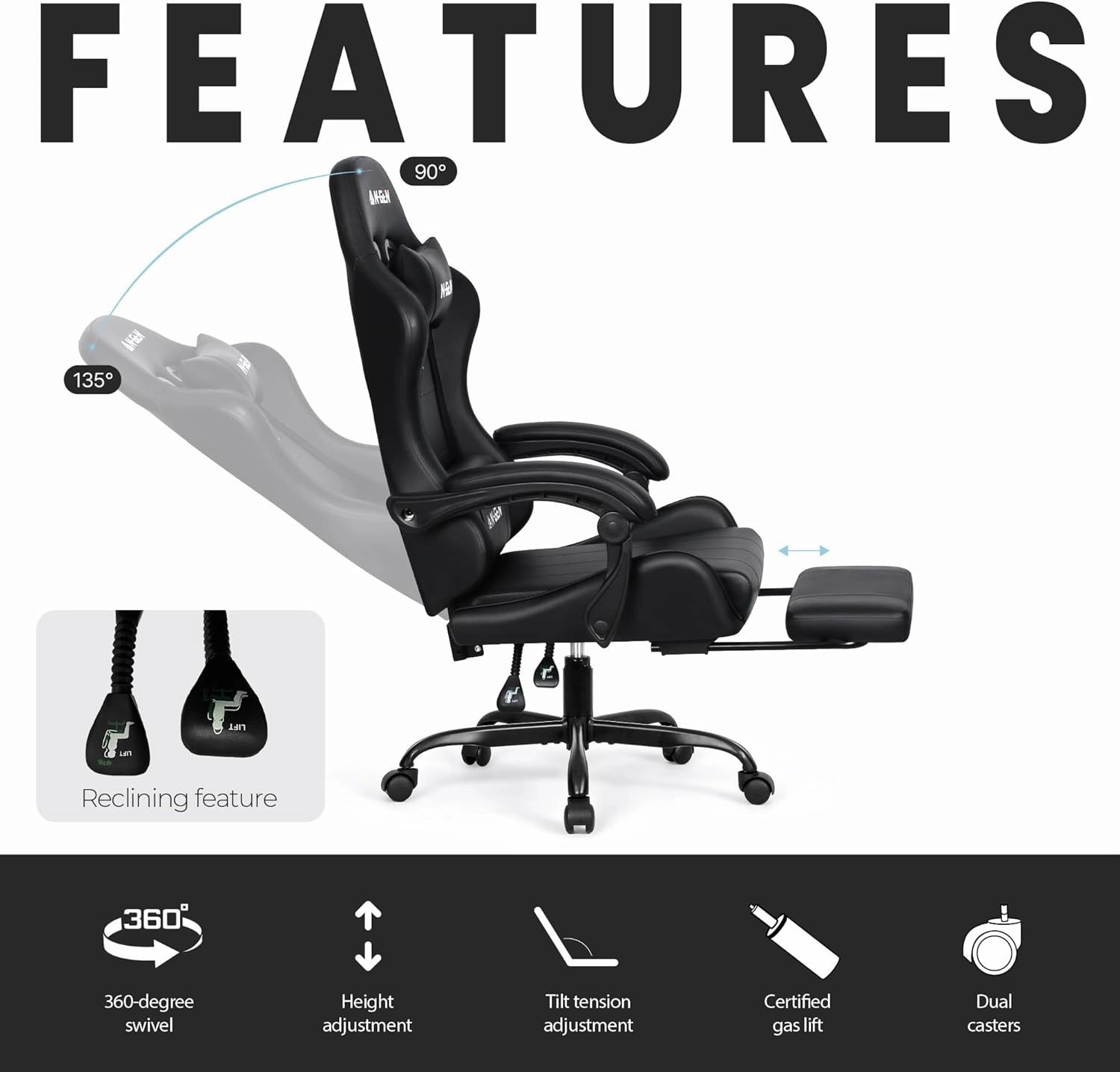 N-GEN GAMING Video Gaming Chair with Footrest High Back Ergonomic Comfortable Office Computer Desk with Lumbar Support Height Adjustable with PU Leather Recliner for Adults Women Men (Black)