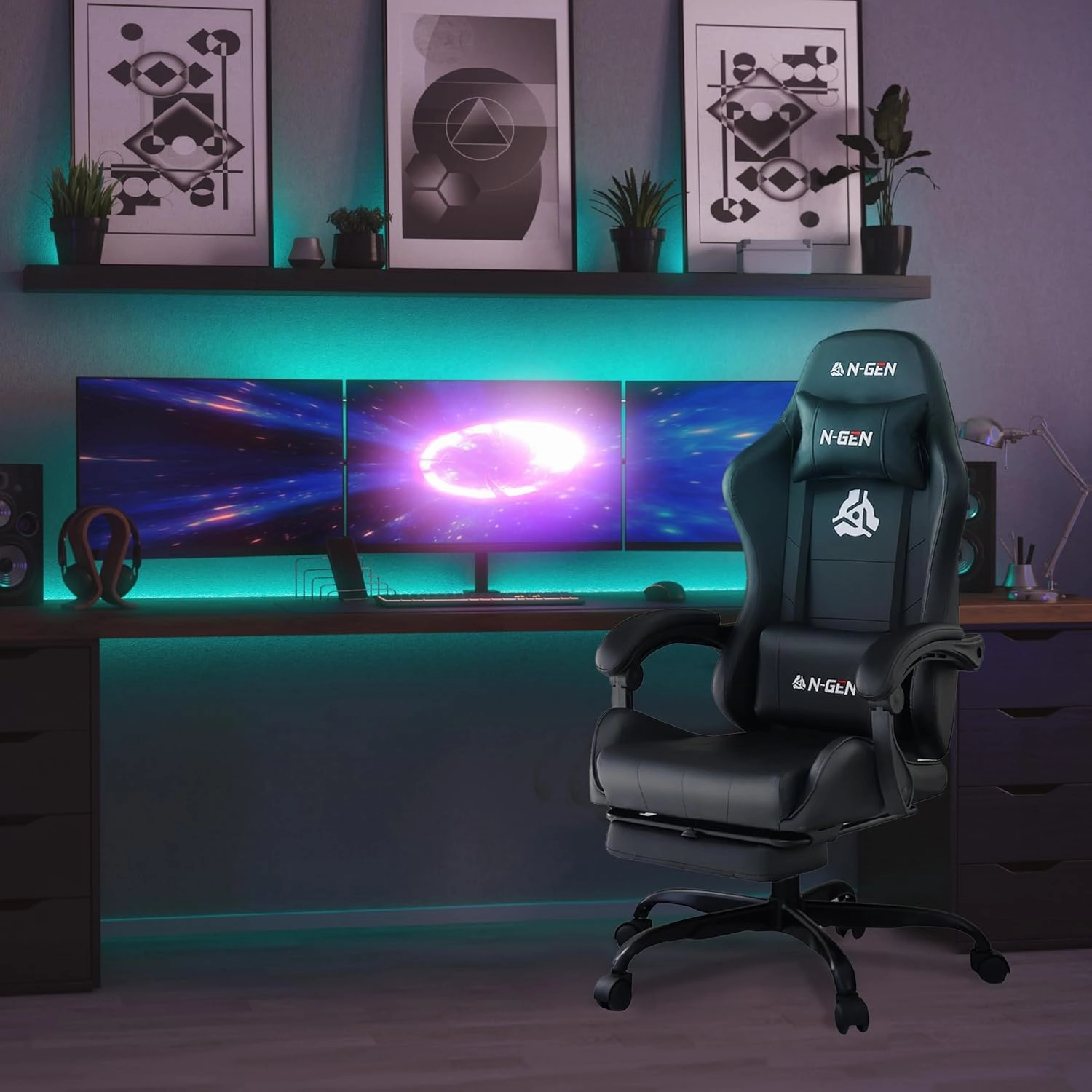 N-GEN GAMING Video Gaming Chair with Footrest High Back Ergonomic Comfortable Office Computer Desk with Lumbar Support Height Adjustable with PU Leather Recliner for Adults Women Men (Black)