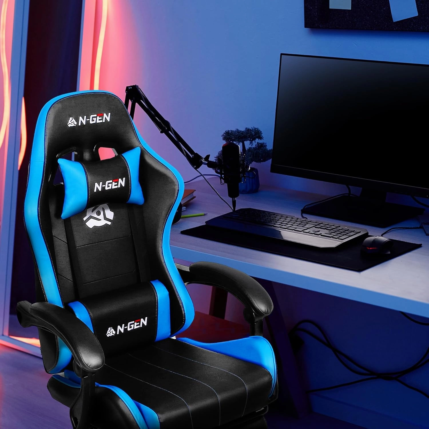 N-GEN Video Gaming Chair with Footrest High Back Ergonomic Comfortable Office Computer Desk with Lumbar Support Height Adjustable with PU Leather Recliner for Adults Women Men (Blue)