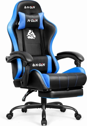 N-GEN Video Gaming Chair with Footrest High Back Ergonomic Comfortable Office Computer Desk with Lumbar Support Height Adjustable with PU Leather Recliner for Adults Women Men (Blue)