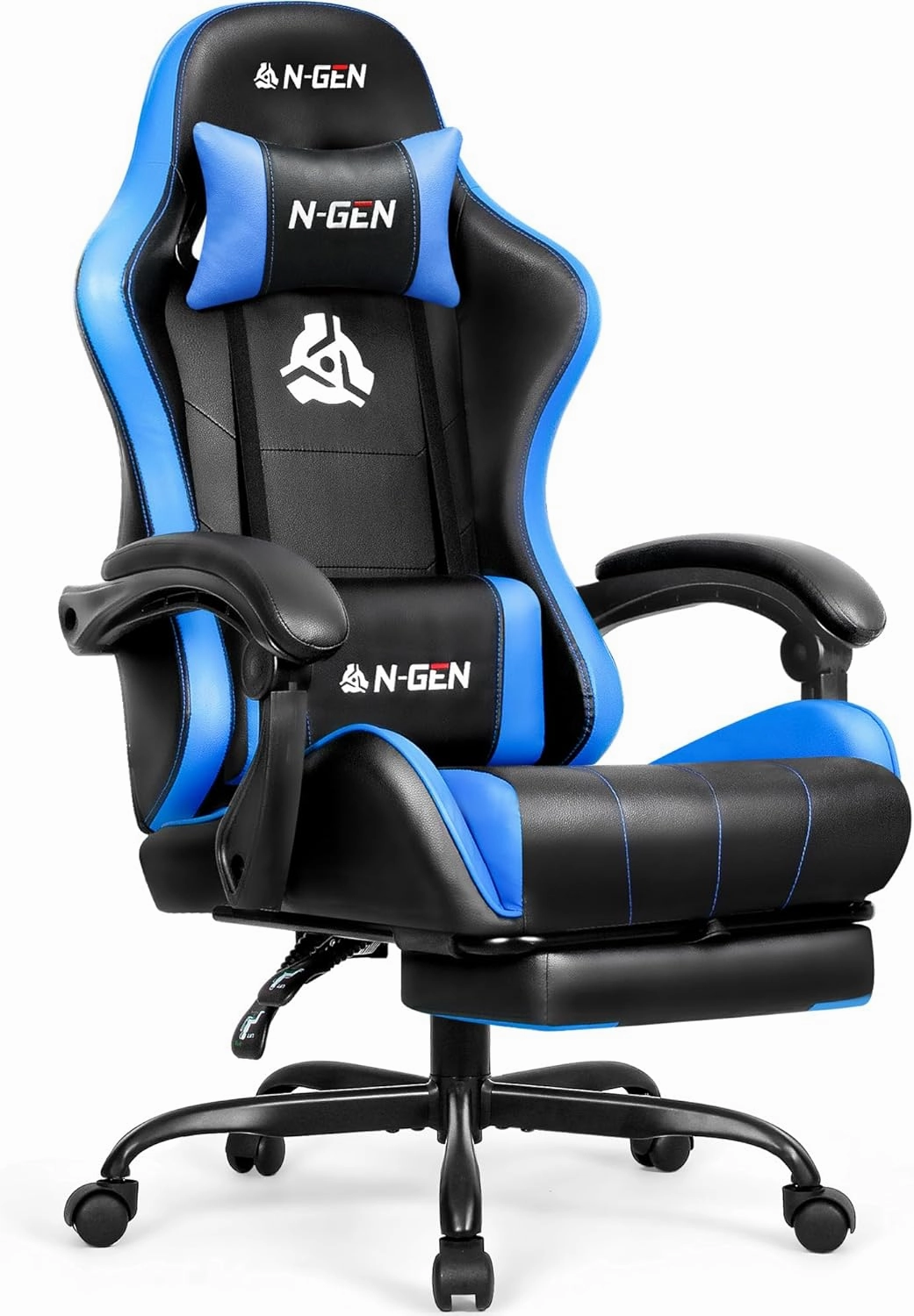 N-GEN Video Gaming Chair with Footrest High Back Ergonomic Comfortable Office Computer Desk with Lumbar Support Height Adjustable with PU Leather Recliner for Adults Women Men (Blue)