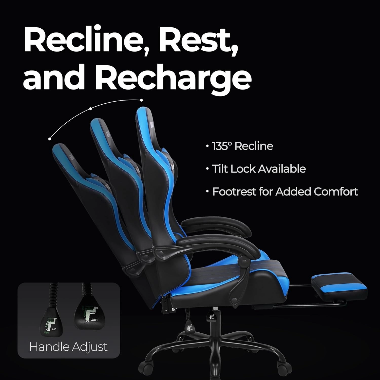 N-GEN Video Gaming Chair with Footrest High Back Ergonomic Comfortable Office Computer Desk with Lumbar Support Height Adjustable with PU Leather Recliner for Adults Women Men (Blue)