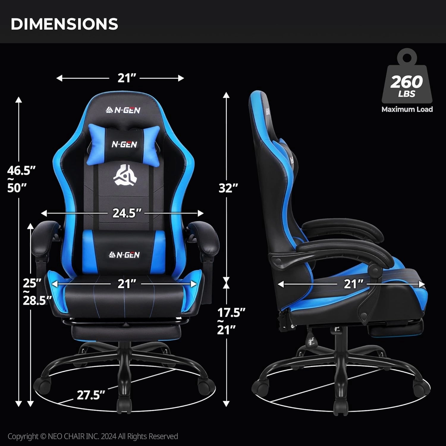 N-GEN Video Gaming Chair with Footrest High Back Ergonomic Comfortable Office Computer Desk with Lumbar Support Height Adjustable with PU Leather Recliner for Adults Women Men (Blue)