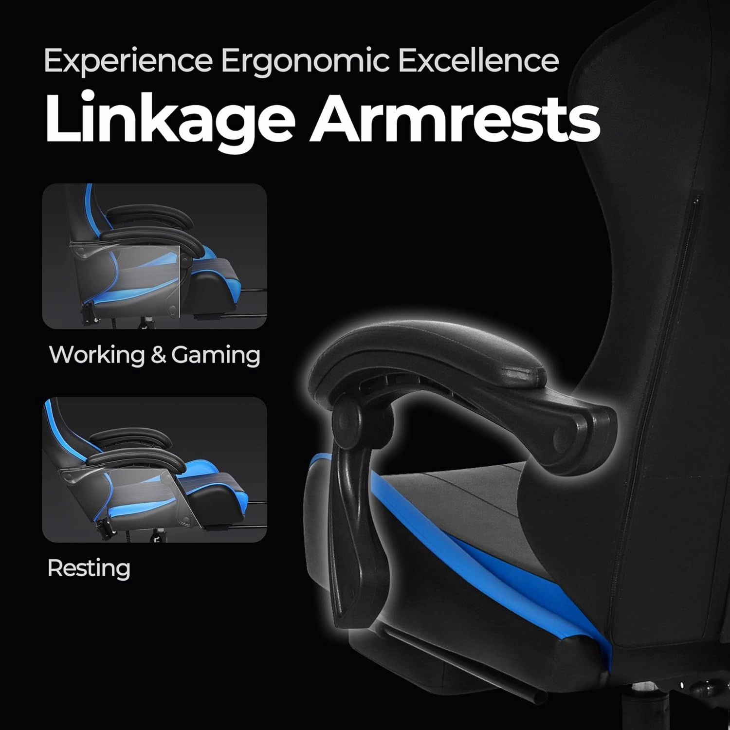 N-GEN Video Gaming Chair with Footrest High Back Ergonomic Comfortable Office Computer Desk with Lumbar Support Height Adjustable with PU Leather Recliner for Adults Women Men (Blue)