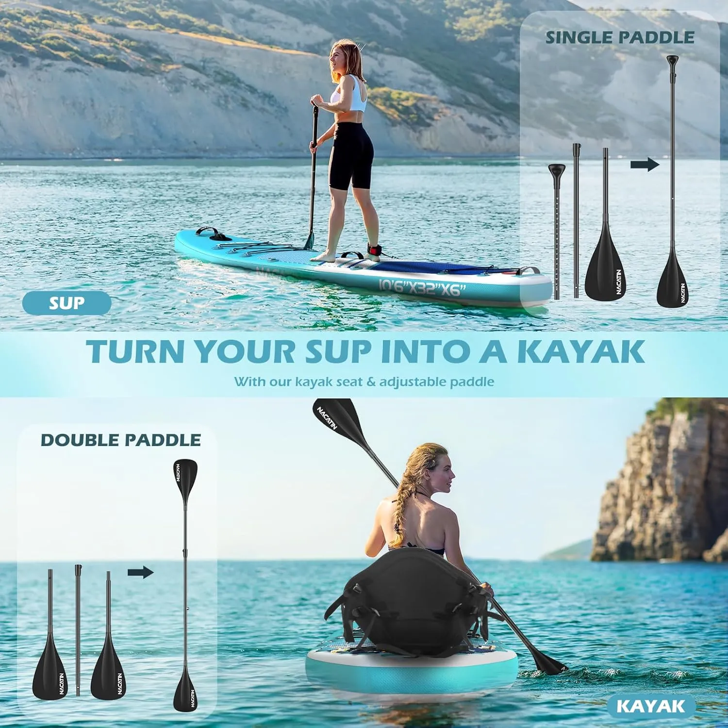 NACATIN Inflatable Stand Up Paddle Board with Kayak Seat,10'6"Upgrade Version Blow Up Paddle Boards for Adults with Premium SUP Accessories&Backpack,Adjustable Paddle,Camera Mount,Fins,Hand Pump
