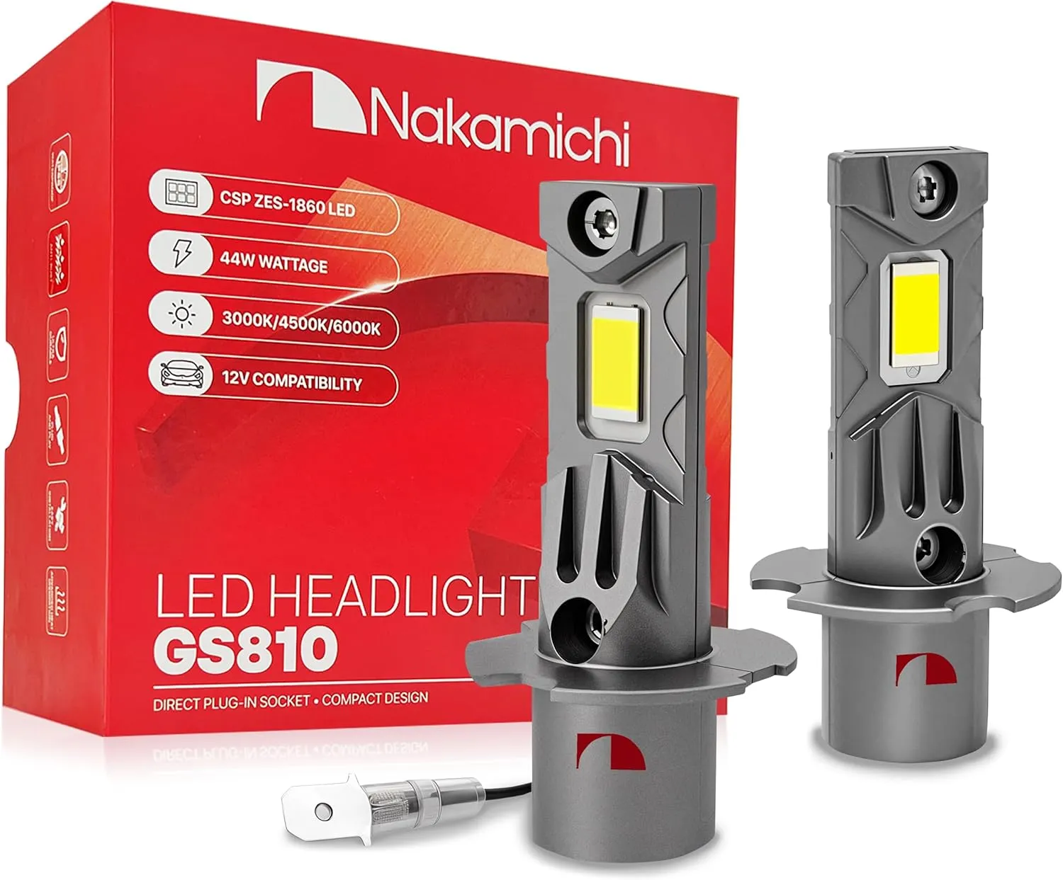 Nakamichi GS810 Series H3 LED Foglight Light Bulbs for Replacement, 12,000 Lumens 44W Per Set, Daylight White, Plug and Play, 1:1 Beam, Pack of 2, 6000K, H3