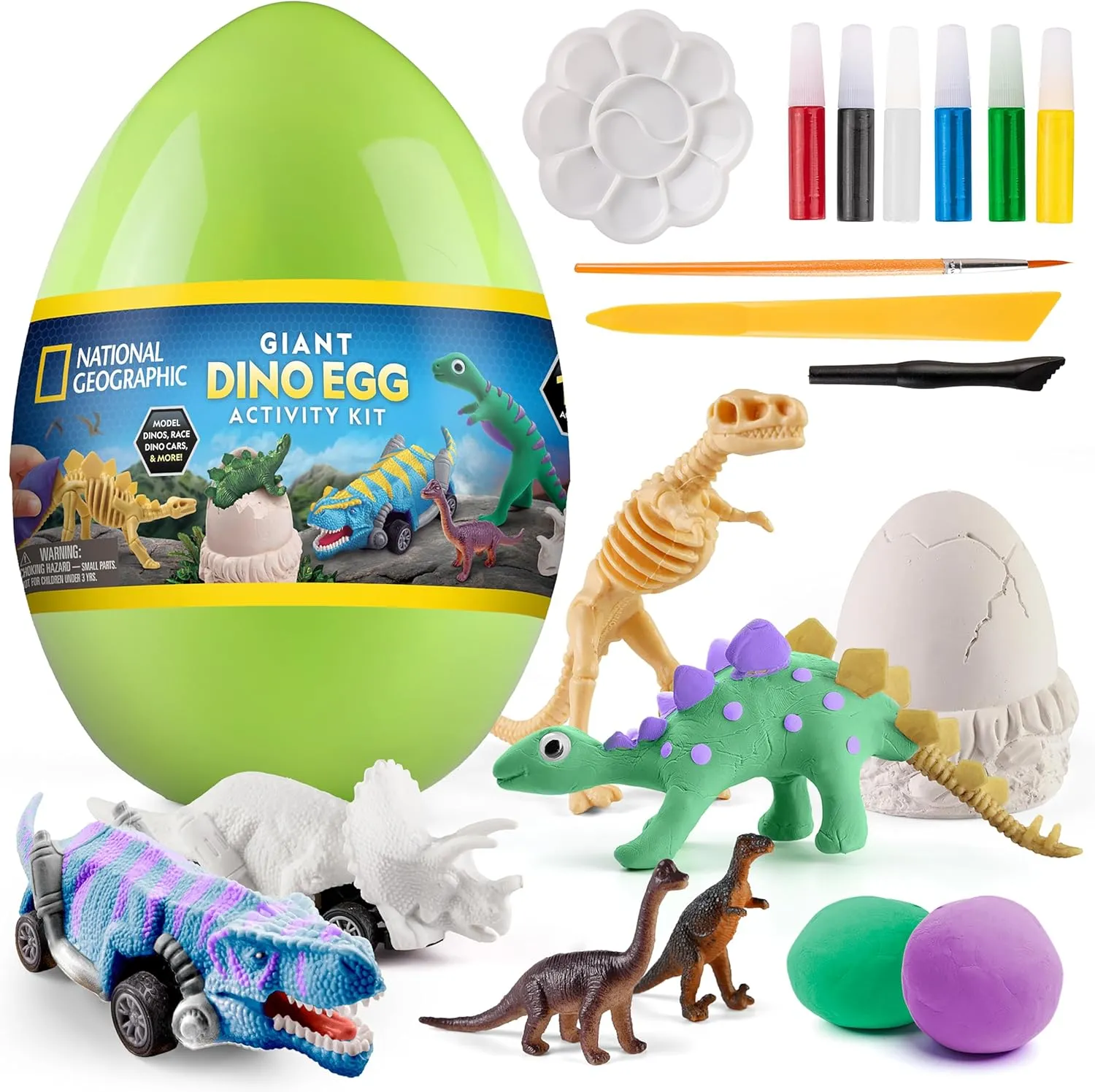 National Geographic Giant Dinosaur Egg Activity Kit – 15  Dino Crafts, Painting Cars, Clay Models, Dig Brick, Stickers & Learning Guide, Easter Basket Stuffers, Dinosaur Science Toy for Boys & Girls