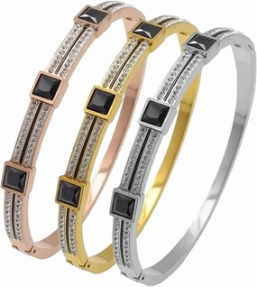 New 2025 Geometry Black Crystal Charm Bangles For Women 361L Stainless Rhinestone Row Bracelets Gold Color Vintage Jewelry Gift Fashion Trendy Accessories Creative