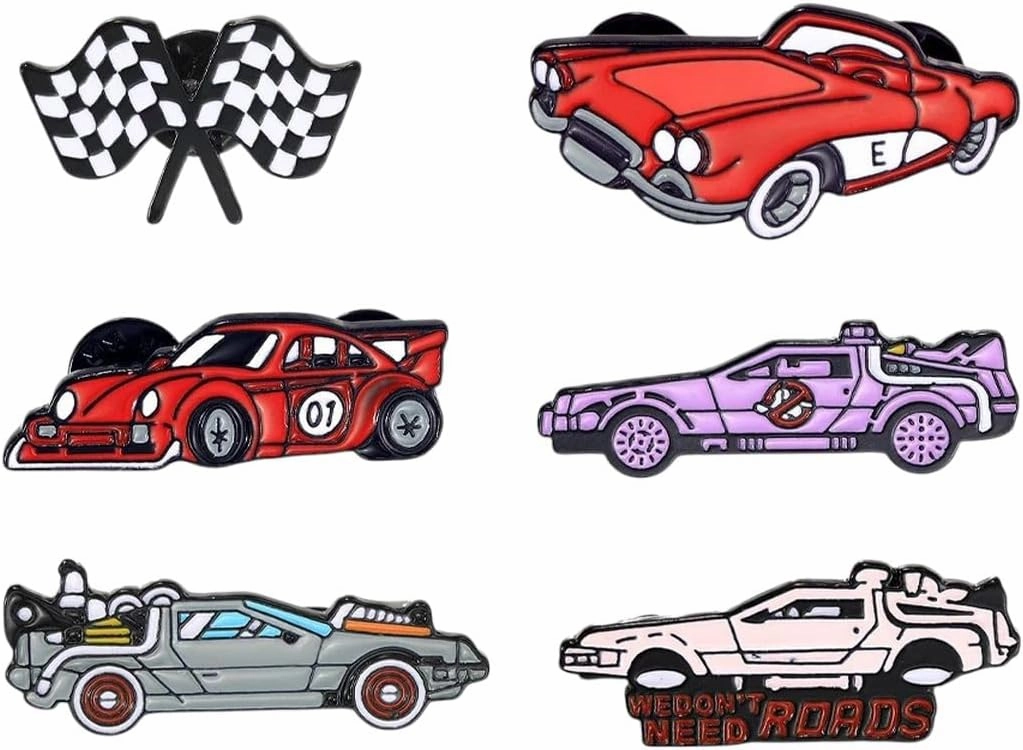 New 2026 Arrive 6Pcs/Set Sporty Racing Theme Collection Pins Exciting Sports Cars Flag Enamel Brooches For Bag Clothes Jewelry Gift Fashion Trendy Accessories Creative