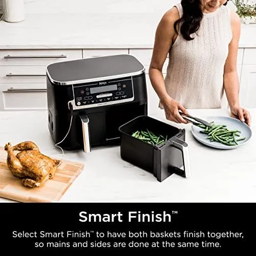 Ninja DZ550 Foodi 10 Quart 6-in-1 DualZone Smart XL Air Fryer with 2 Independent Baskets, Smart Cook Thermometer for Perfect Doneness, Match Cook & Smart Finish to Roast, Dehydrate & More, Grey (Renewed)