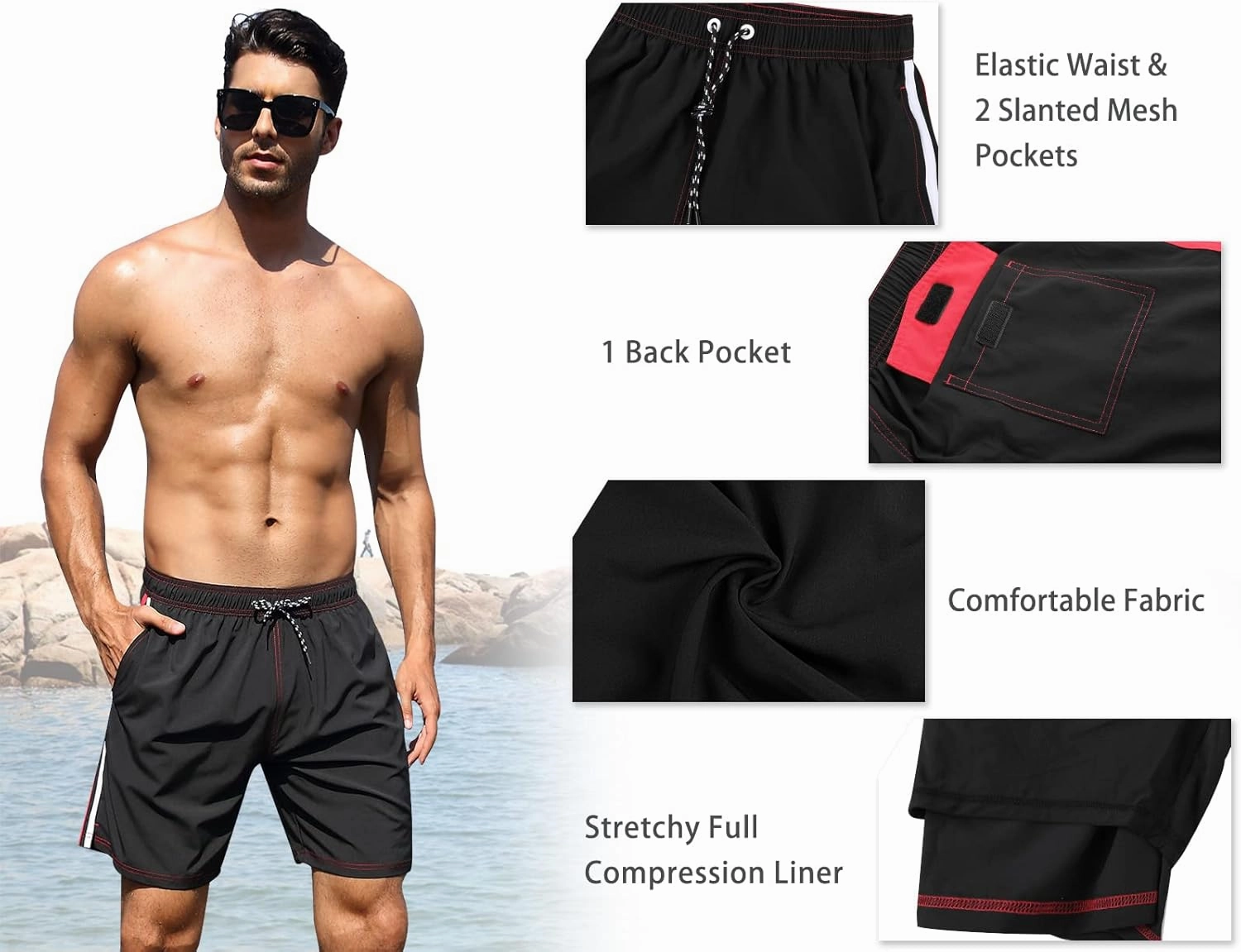 Nonwe Mens Swim Trunks with Compression Liner Quick Dry Summer Board Shorts Swimwear
