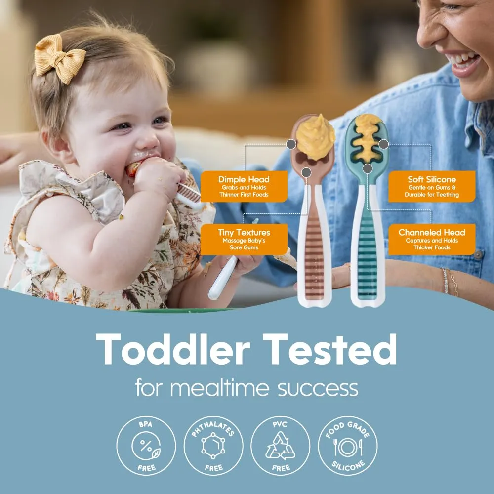 NumNum Baby Spoons Set, Feeding Littles x Silicone Pre-Spoon GOOtensils for Baby Led Weaning, Self-Feeding & Teething, First Stage Toddler Utensils for Ages 6  Months, 3-Pack, BPA-Free (Neutrals)