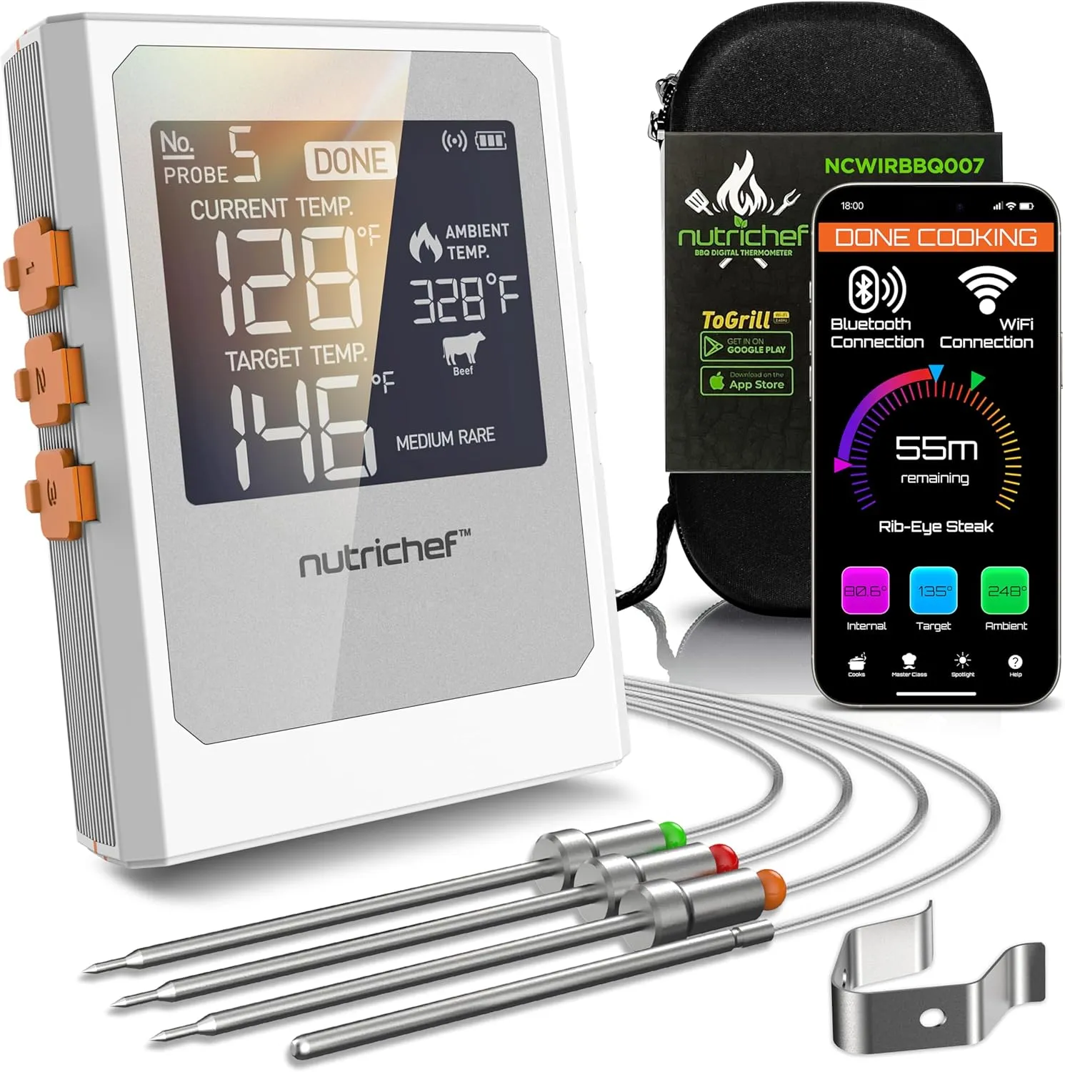 Nutrichef Wireless Meat Thermometer with 2 Stainless Steel Probes, Bluetooth and WiFi Smartphone App for Monitoring Food Temp and Remote Alerts, Digital Display, for Grilling and BBQ Smoking