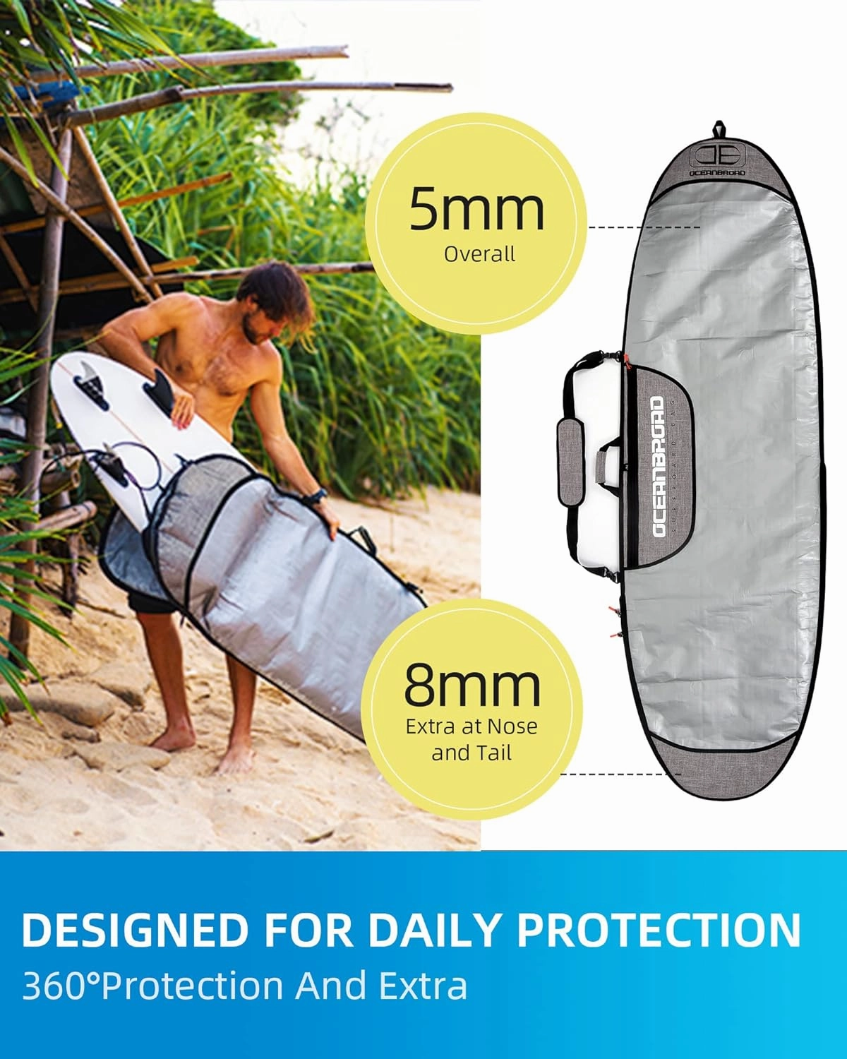OCEANBROAD Surfboard Longboard Bag Day Bag Board Cover 5'0, 5'6, 6'0, 6'6, 7'0, 7'6, 8'0, 8'6, 9'0, 9'6, 10'0