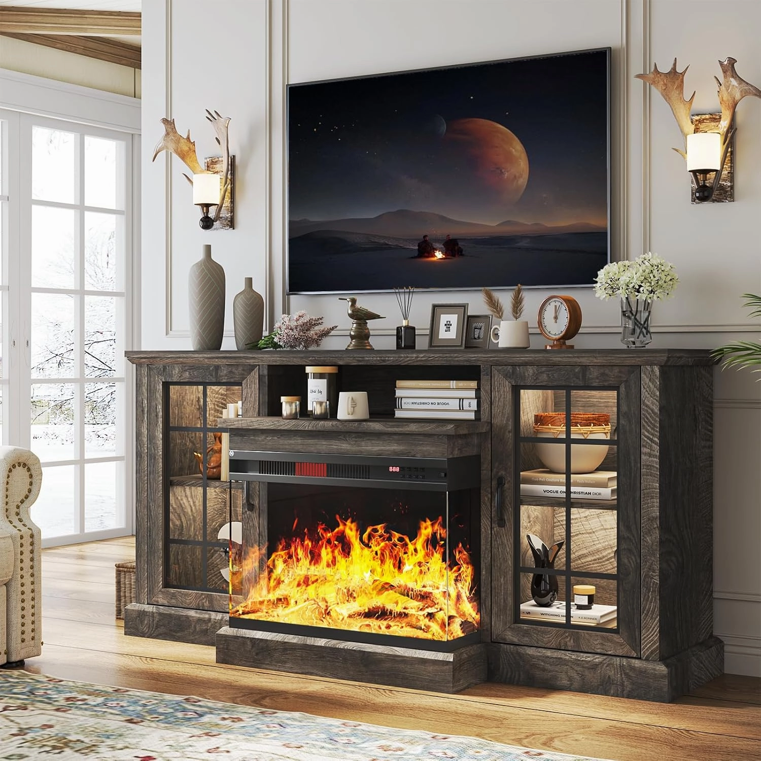 oneinmil 59'' Fireplace TV Stand, 3 Sided Glass Media Entertainment Center Console Table for TVs up to 65'' with Glass Door Adjustable Flame LED Color for Living Room, Set of TV Table, Grey