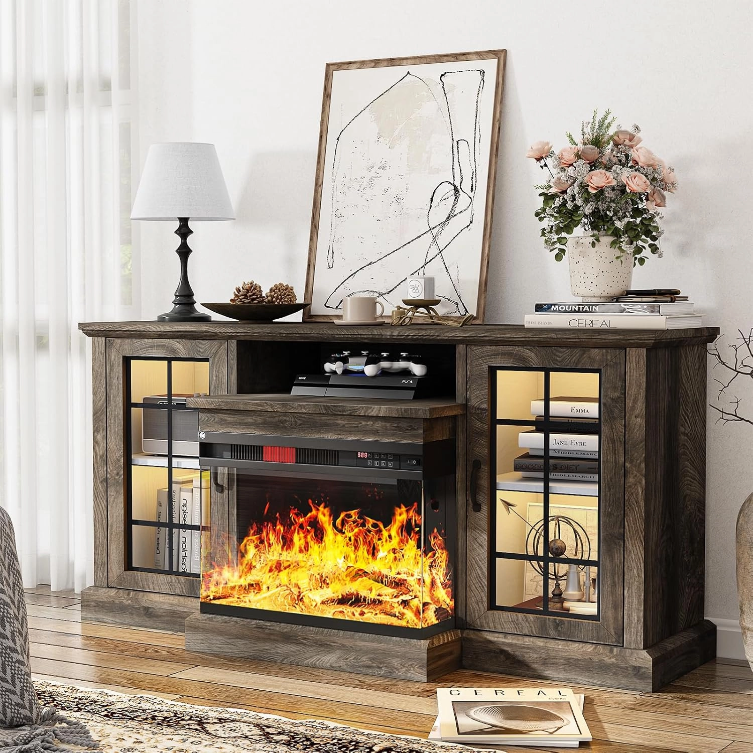 oneinmil 59'' Fireplace TV Stand, 3 Sided Glass Media Entertainment Center Console Table for TVs up to 65'' with Glass Door Adjustable Flame LED Color for Living Room, Set of TV Table, Grey