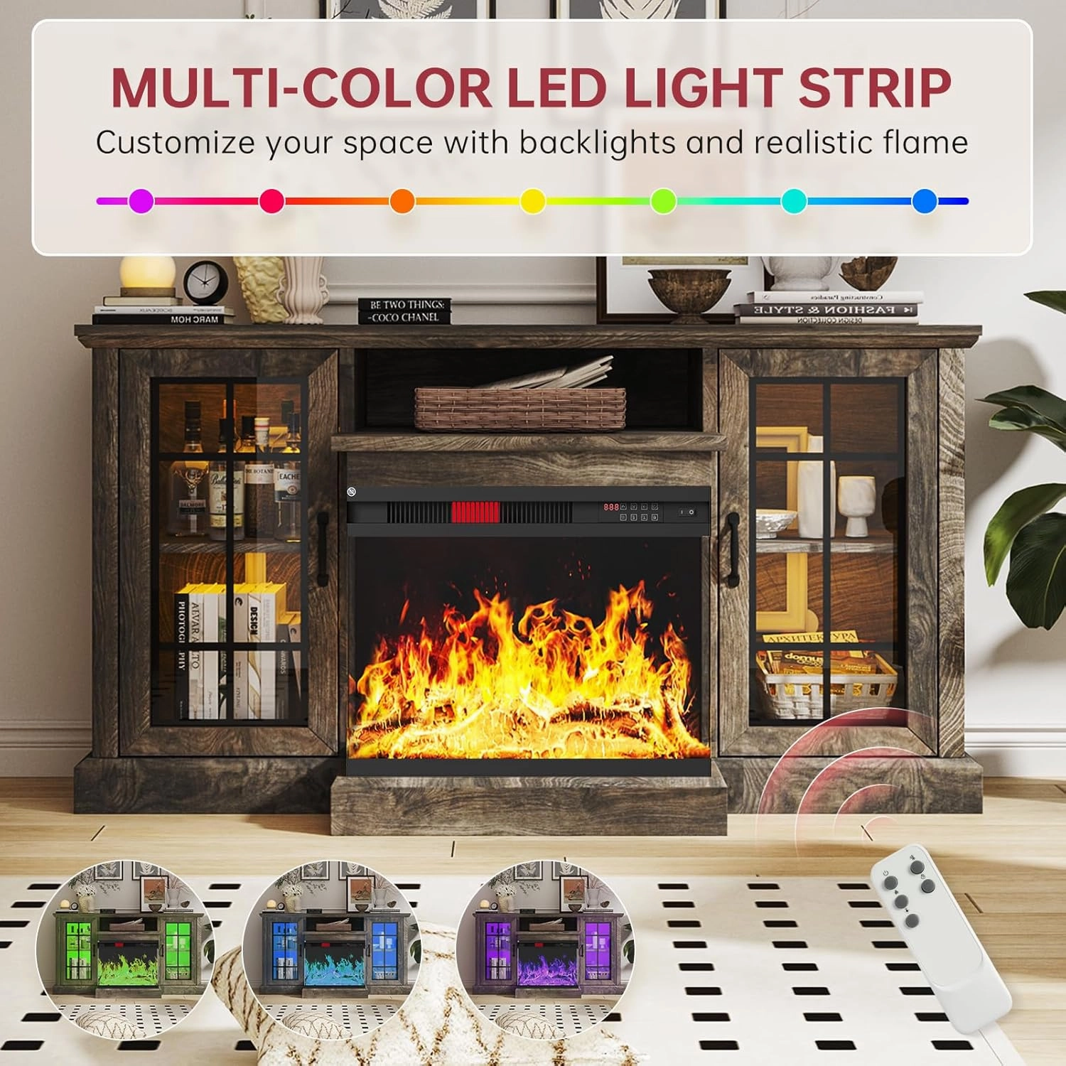 oneinmil 59'' Fireplace TV Stand, 3 Sided Glass Media Entertainment Center Console Table for TVs up to 65'' with Glass Door Adjustable Flame LED Color for Living Room, Set of TV Table, Grey