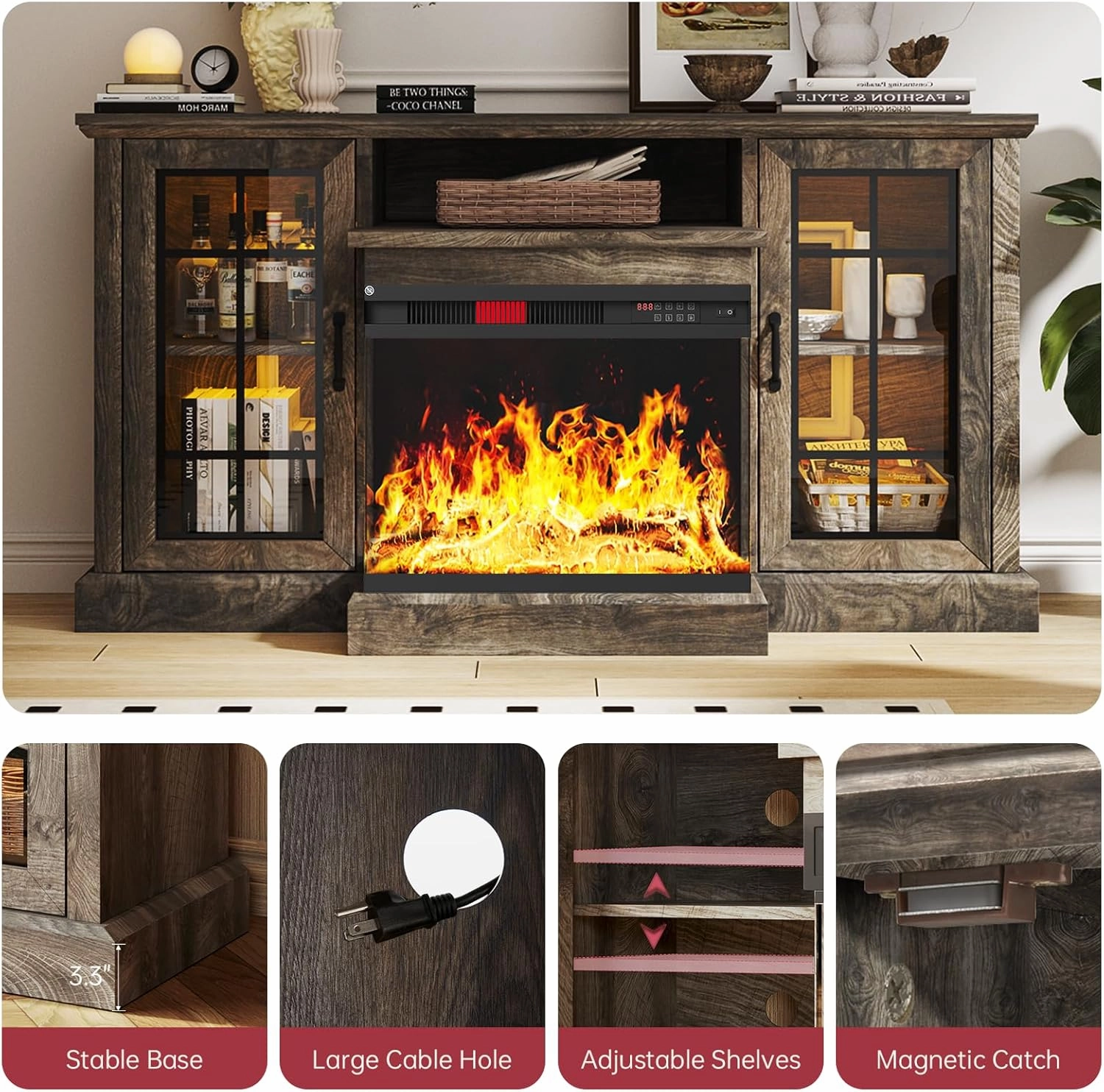 oneinmil 59'' Fireplace TV Stand, 3 Sided Glass Media Entertainment Center Console Table for TVs up to 65'' with Glass Door Adjustable Flame LED Color for Living Room, Set of TV Table, Grey