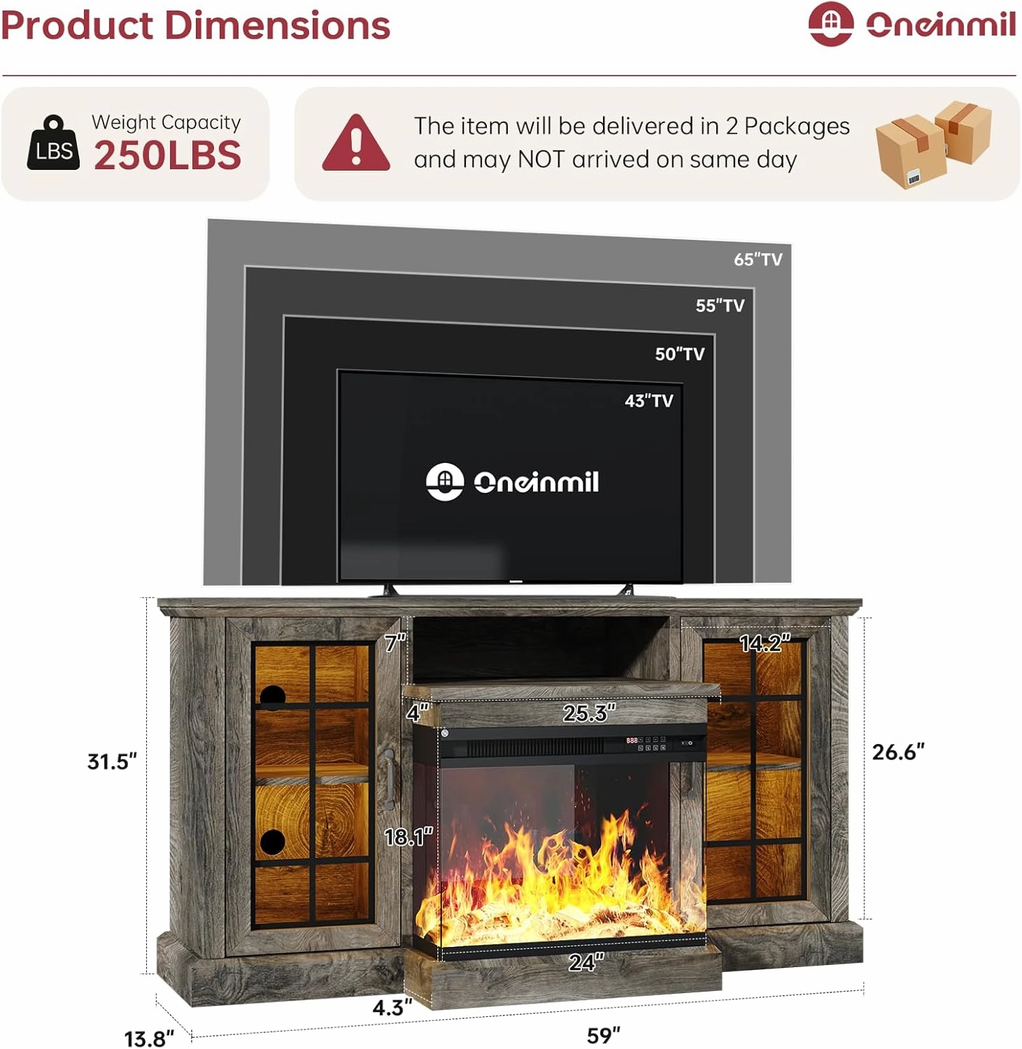 oneinmil 59'' Fireplace TV Stand, 3 Sided Glass Media Entertainment Center Console Table for TVs up to 65'' with Glass Door Adjustable Flame LED Color for Living Room, Set of TV Table, Grey