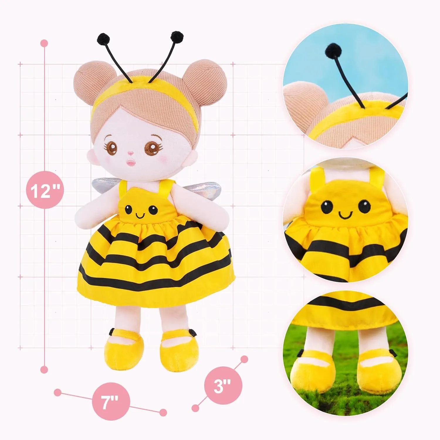OUOZZZ Soft Baby Doll for Girls - My First Baby Doll Birthday Gifts for Girls Plush Rag Dolls Yellow Bee Dress Toy for Toddlers Kids Infants 12"