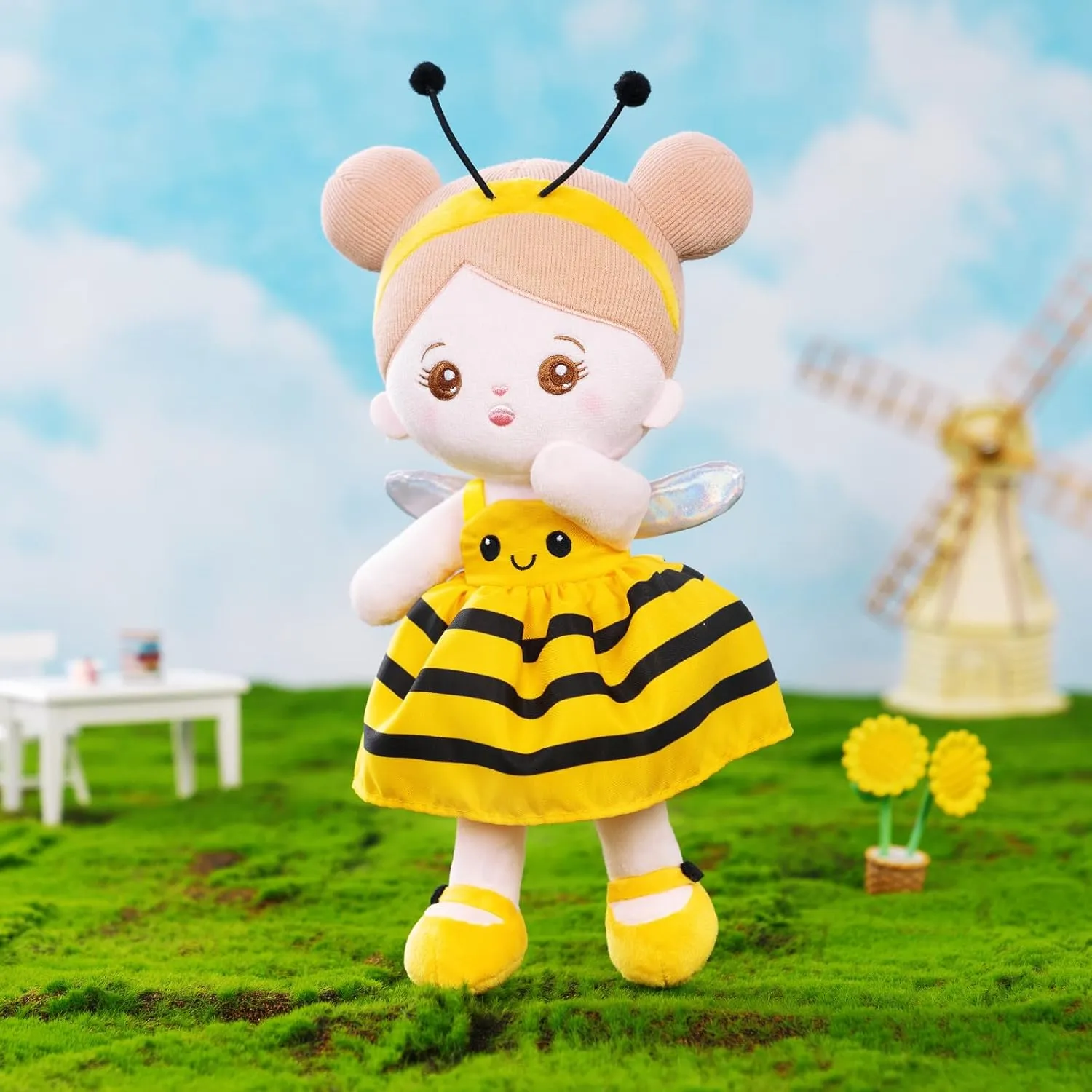 OUOZZZ Soft Baby Doll for Girls - My First Baby Doll Birthday Gifts for Girls Plush Rag Dolls Yellow Bee Dress Toy for Toddlers Kids Infants 12"