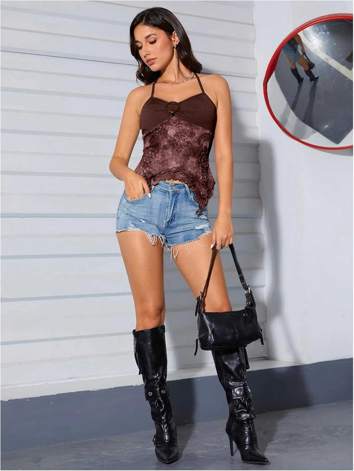 OYOANGLE Women's Floral Print Contrast Lace Tie Backless Halter Cami Top Asymmetrical Hem Tank Tops