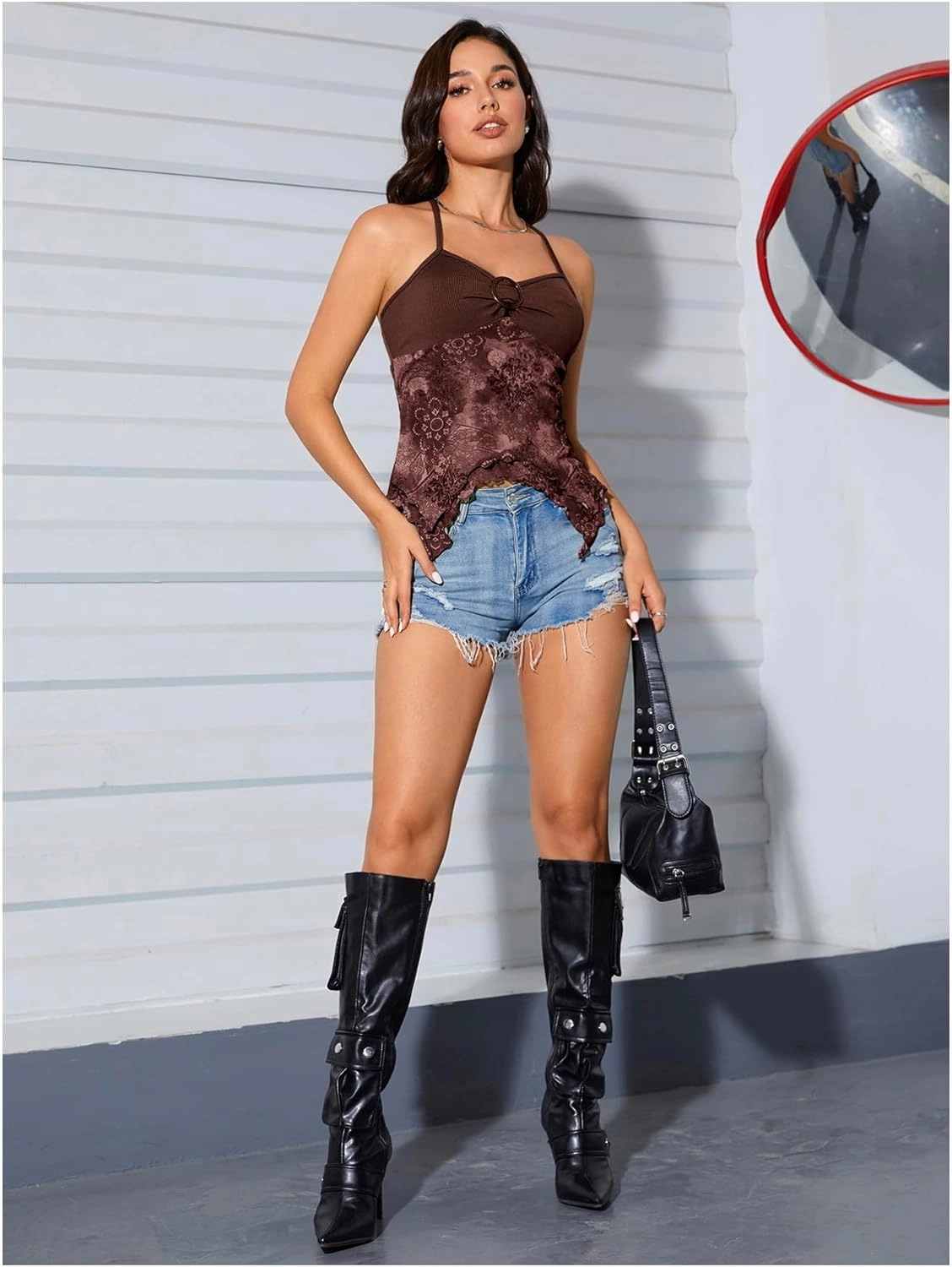 OYOANGLE Women's Floral Print Contrast Lace Tie Backless Halter Cami Top Asymmetrical Hem Tank Tops